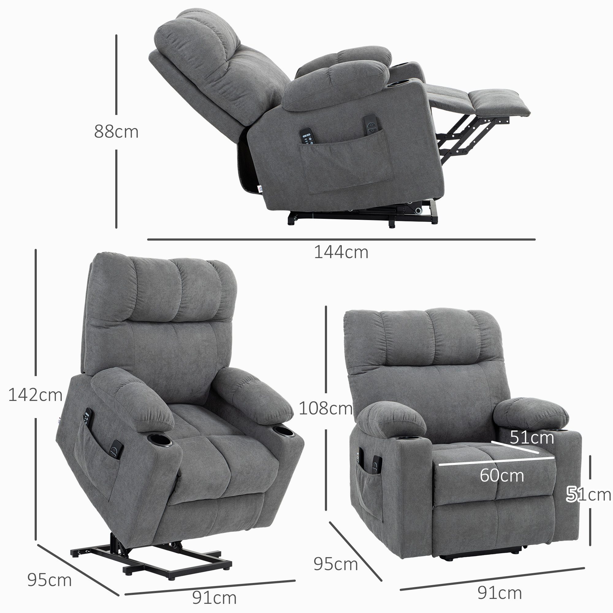 HOMCOM Massagesessel Elektrischer Aufstehsessel, mit Liegefunktion, Fernsteuerung (Relaxsessel, 1-St., Fernsehsessel), für Wohnzimmer, Arbeitszimmer, Grau
