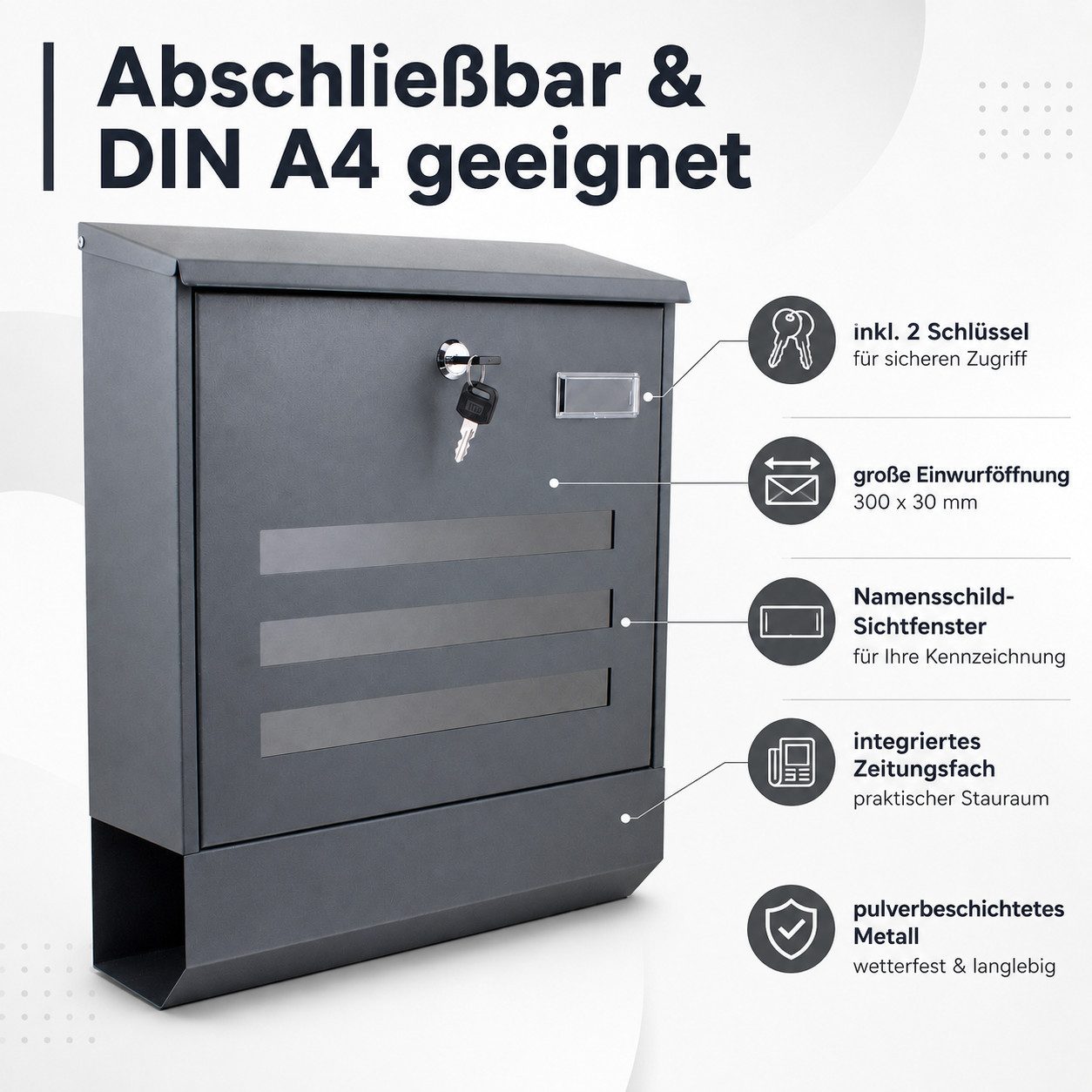 Bituxx Briefkasten Dunkelgrau Eckig mit Zeitungsrolle und Fenster (MS-16025) – Bild 2 von 4