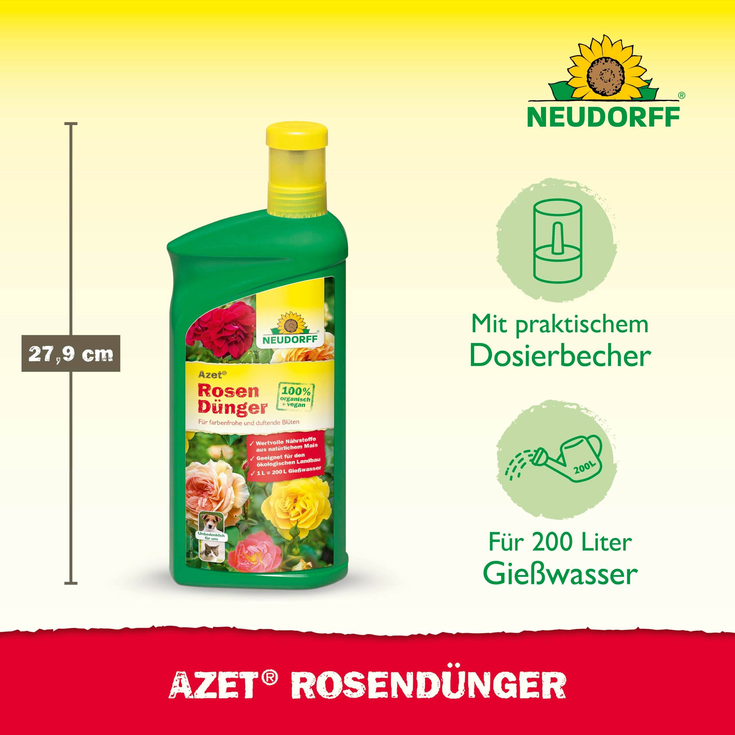 Neudorff Gartendünger Bio - Azet RosenDünger 1L für 200L Gießwasser, 100% organisch und vegan - Bio Dünger mit Extra Kalium, für blütenreiche und intensiv duftende Rosen auf Balkon oder Garten, mit praktischem Dosierbecher