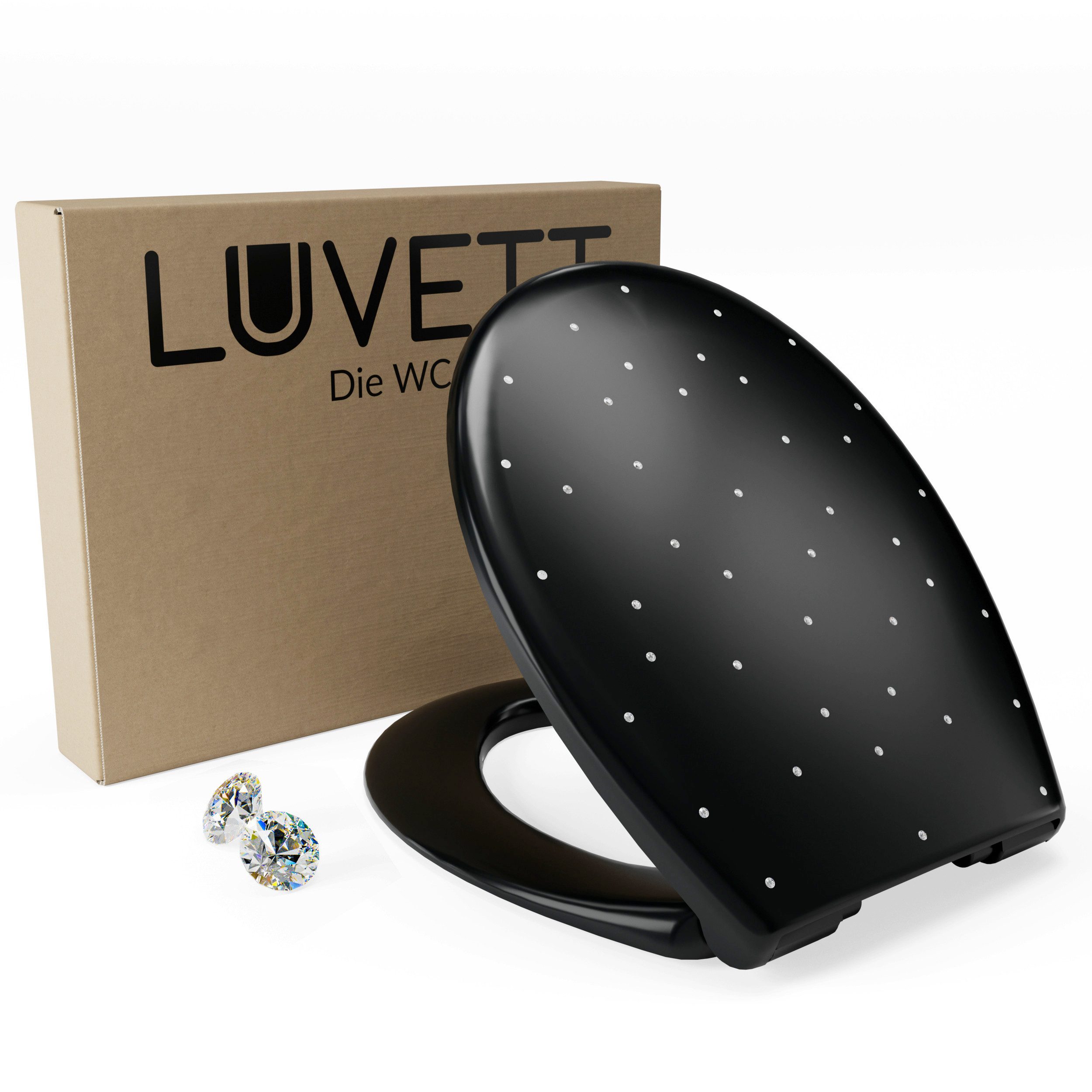 LUVETT WC-Sitz Glitzer S100 Diamant Design Softclose Absenkautomatik Duroplast O-Form (Inklusive 3 Befestigungsarten), mit Original SoftClose® Absenkautomatik, Duroplast