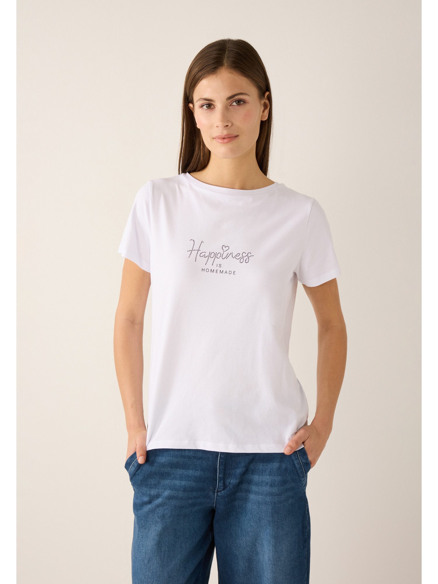 MORE&MORE T-Shirt elastisches Kurzarmshirt Strass-Schriftzug günstig online kaufen