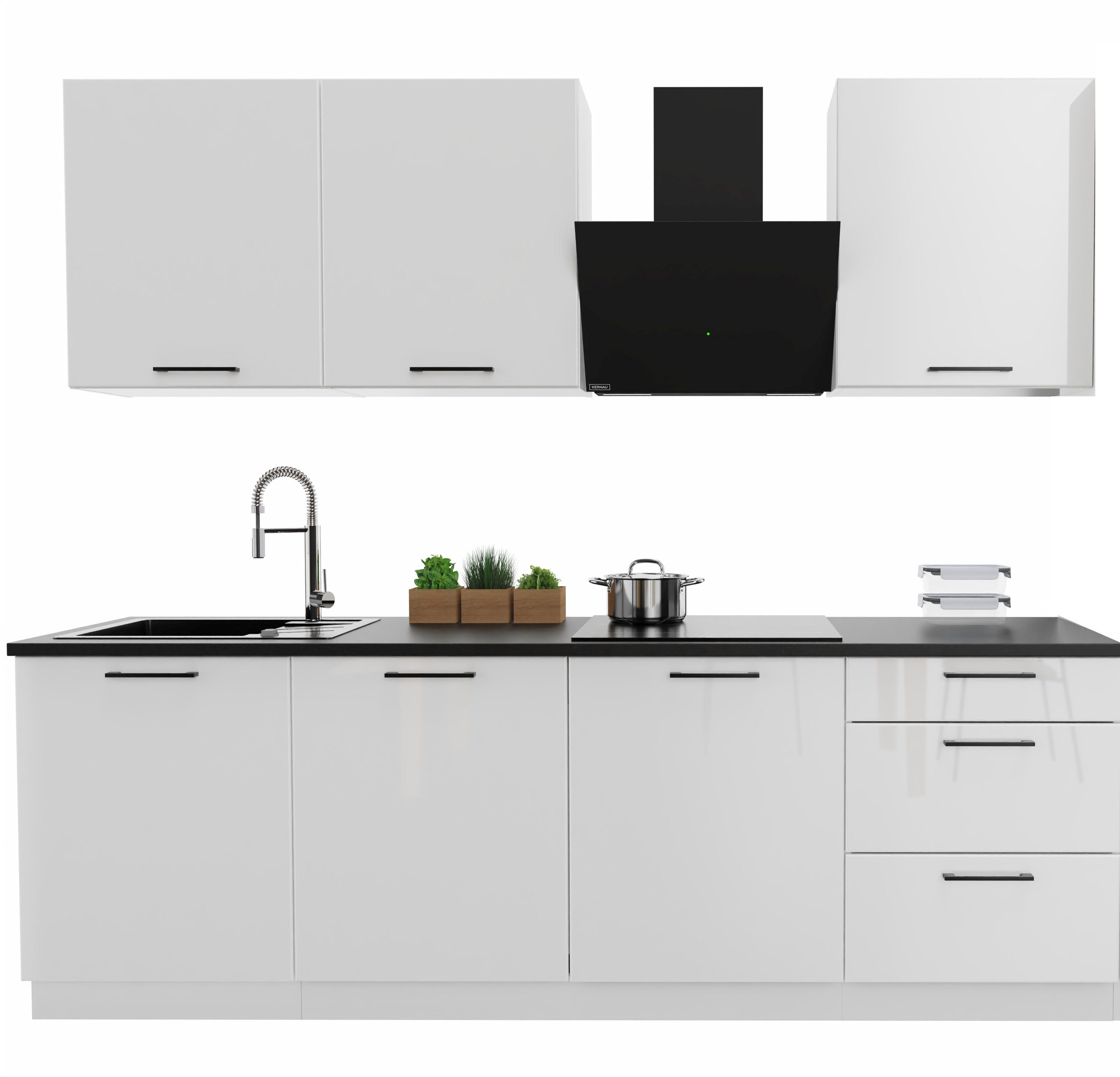 Möbel für Dich Küchenzeile Moderne Einbauküche Denis 240 cm 7-teilig, mit Fronten in Hochglanzweiß oder Mattbeige