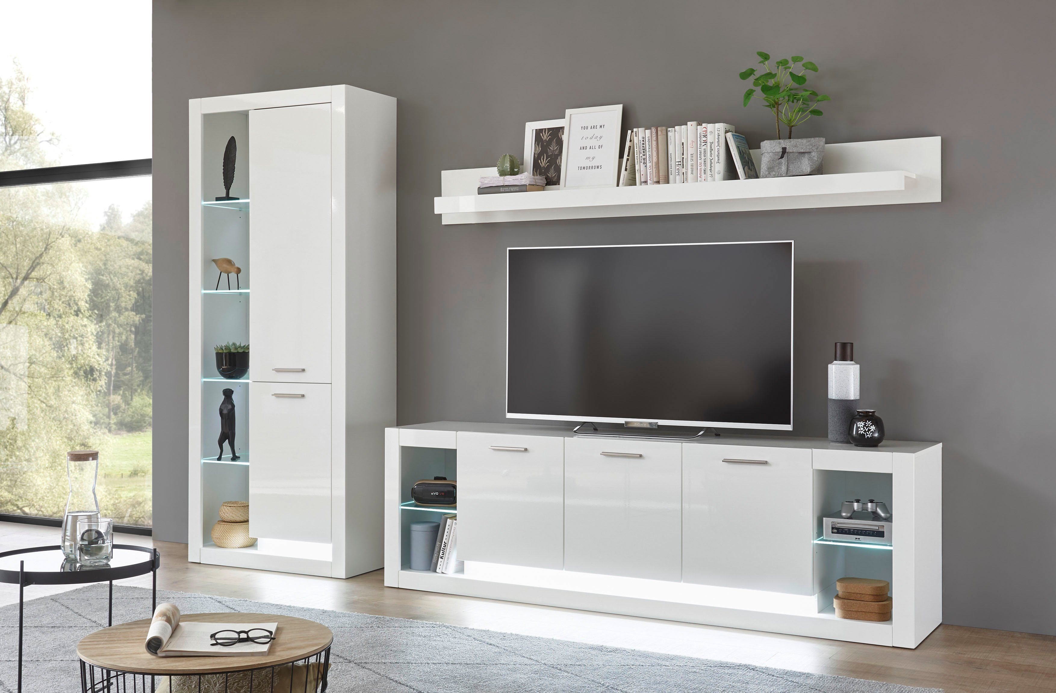 Home affaire Wohnwand Meran, (3-St., Stauraumvitrine, Lowboard, Wandregal)
