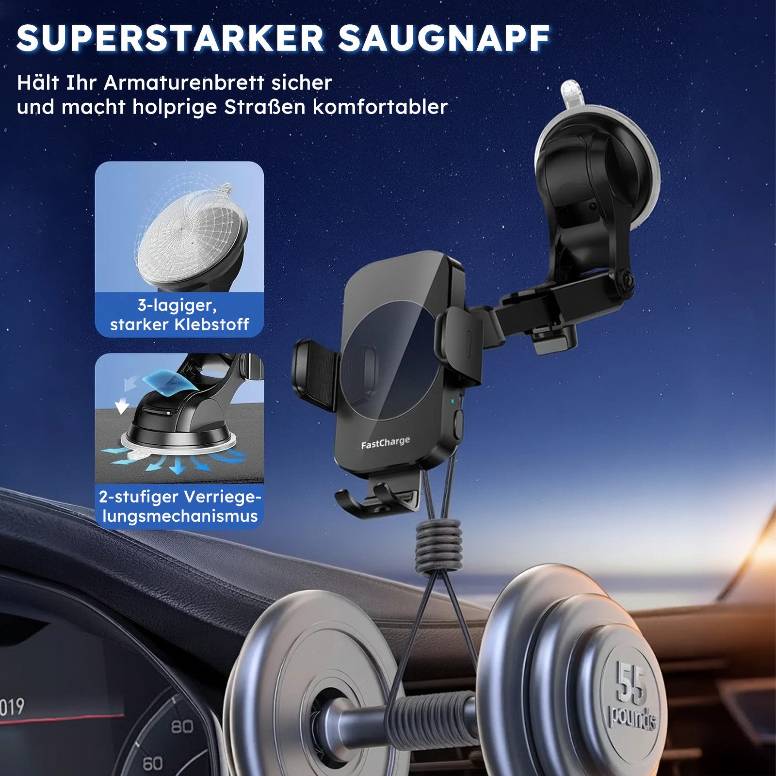 MOPUEA Smartphone-Halterung Kabelloses Auto-Ladegerät Schnelllade-Handyhalter Universal, (bis 7 Zoll, 1-tlg., 3-in-1 Auto-Clamping Handyhalterung, Handyhalter 1 – Bild 5 von 5