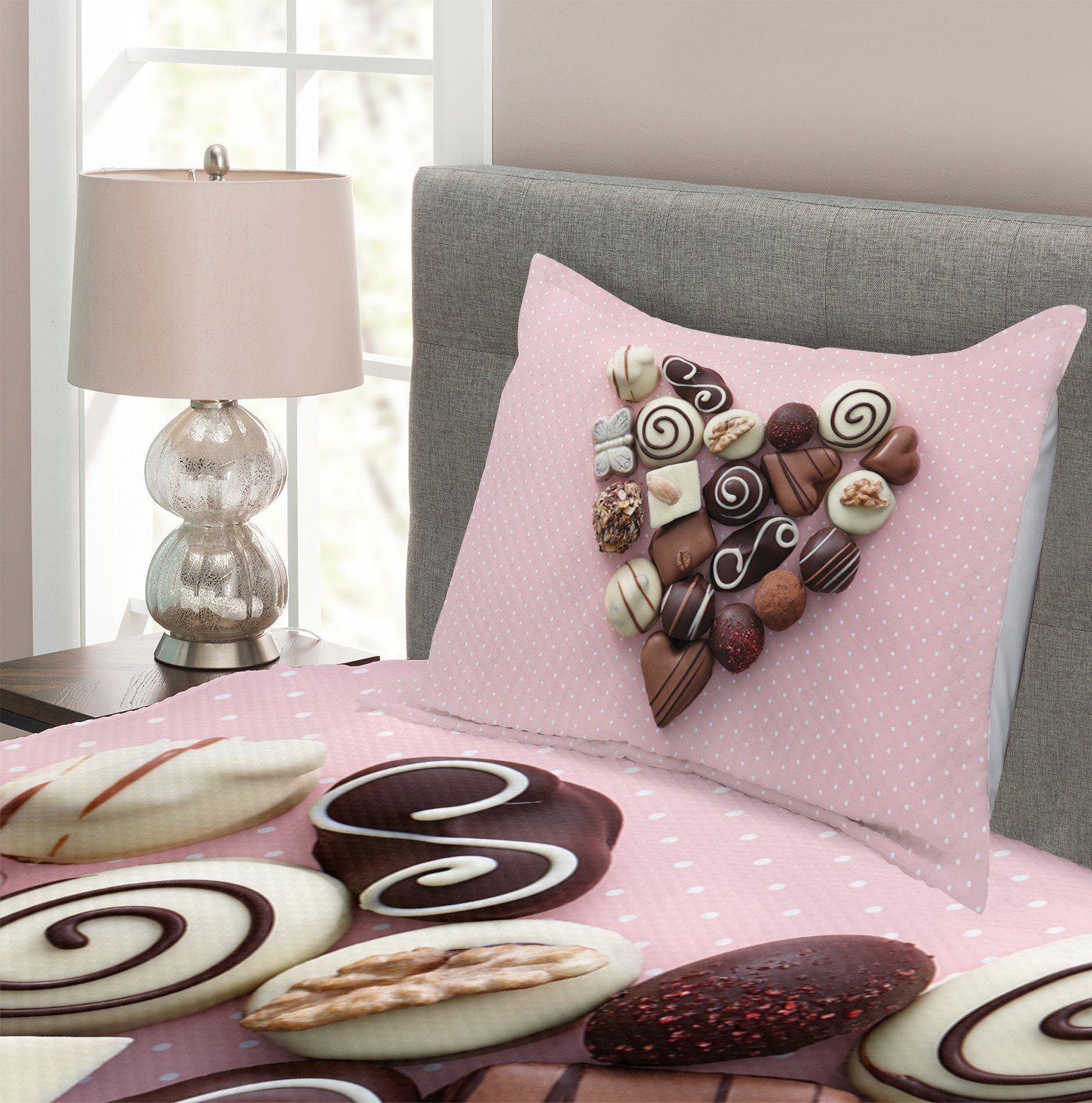 Kissenbezügen in mit Set Abakuhaus, Schokolade Waschbar, einem Süßigkeiten Herzform Tagesdecke