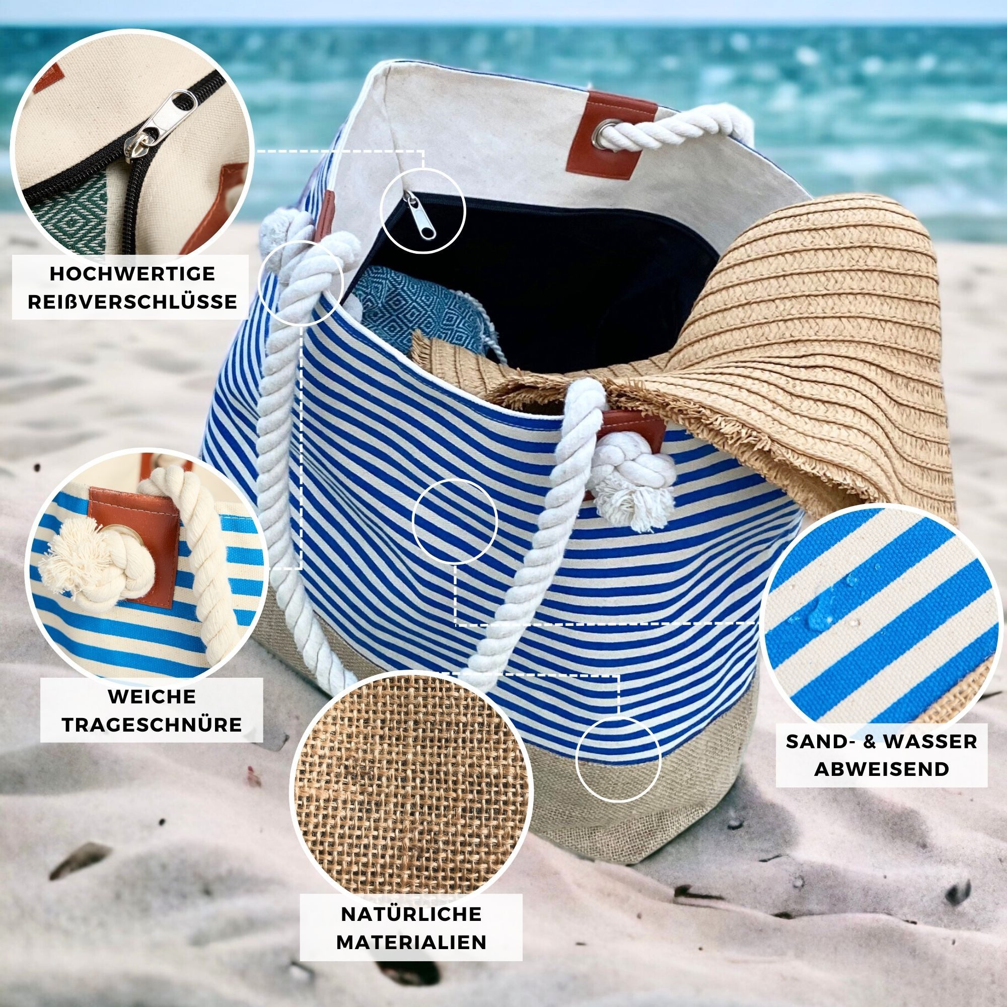 furora HOLIDAY Strandtasche Badetasche mit Reißverschluss & 2x Innentaschen günstig online kaufen