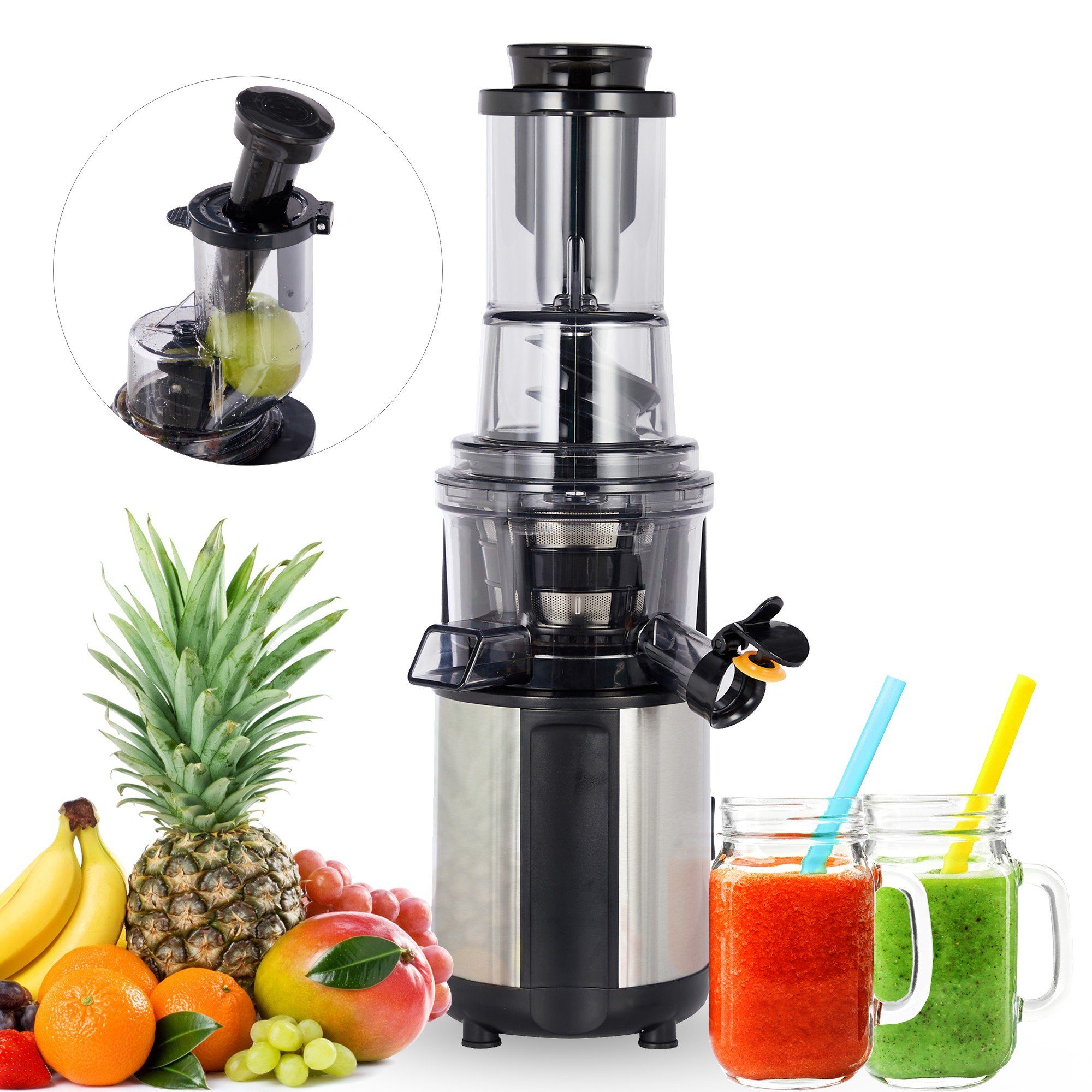 Arebos Entsafter Edelstahl, 85 mm Einfüllöffnung, 200W inkl. Reinigungsbürste, 200,00 W