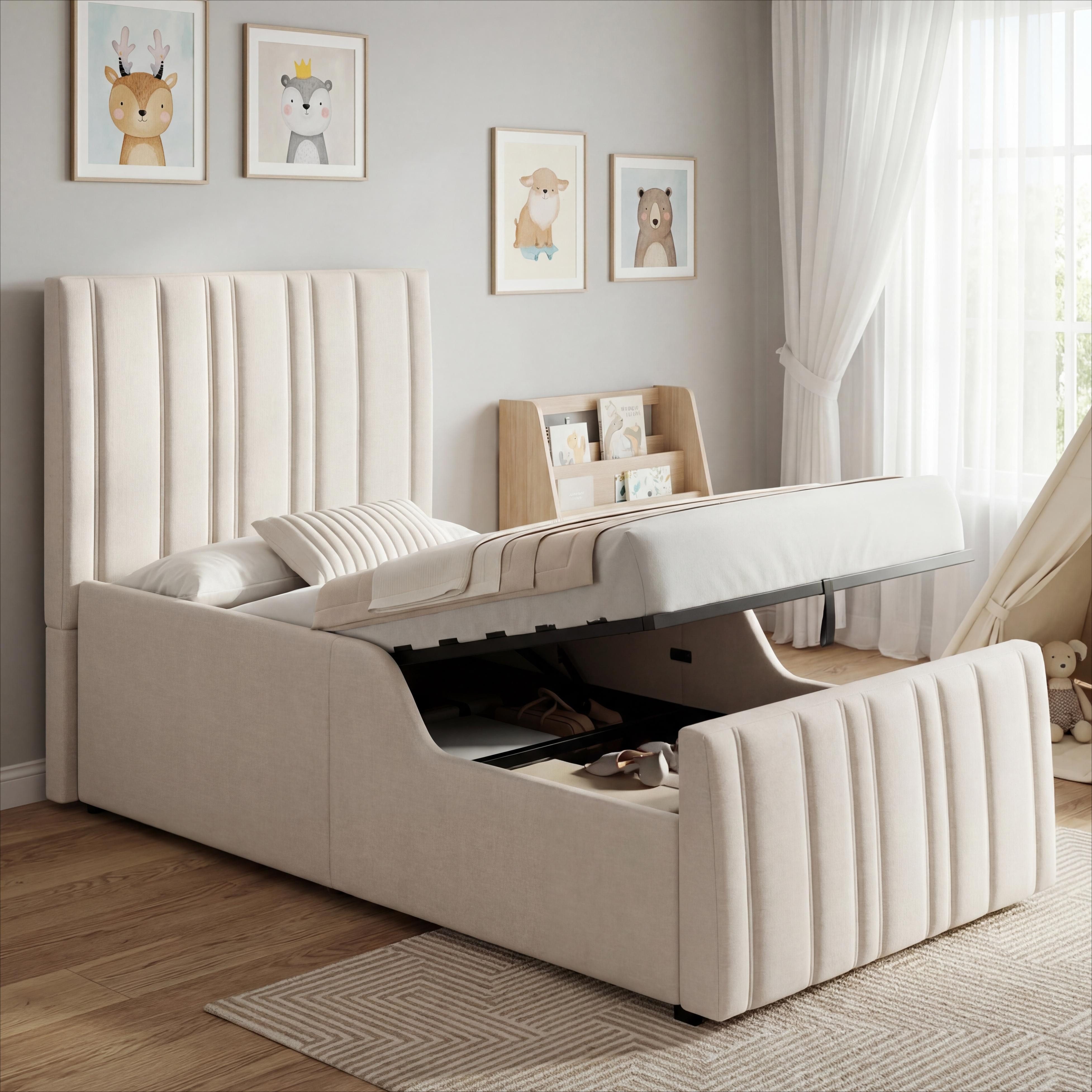 MODFU Polsterbett Beiges Leinen-Einzelbett 90x200 cm mit Stauraum (Packung, 1-tlg., Hydraulisches Funktionsbett, inkl. Lattenrost), Gepolstertes Kopfteil, für Kinder- & Jugendzimmer(ohne Matratze)
