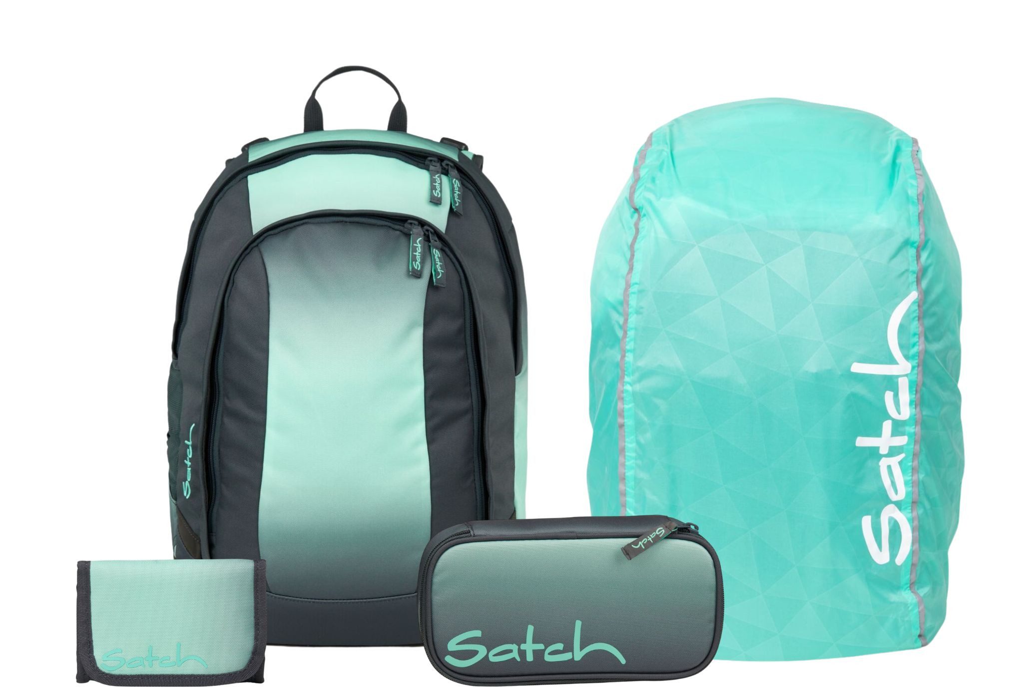 Satch Schulranzen Schulrucksack-Set AIR Gradient Mint 4-teilig (4-teilig), Schulranzen, ergonomisch, Laptop-Fach, Your-Size-System