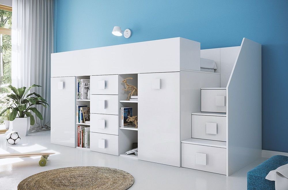 Feldmann-Wohnen Hochbett TOLEDO 3 (Etagenbett mit Schreibtisch + Kleiderschrank) Farbe wählbar - Treppe rechts weiß / weiß Hochglanz - Griffe weiß