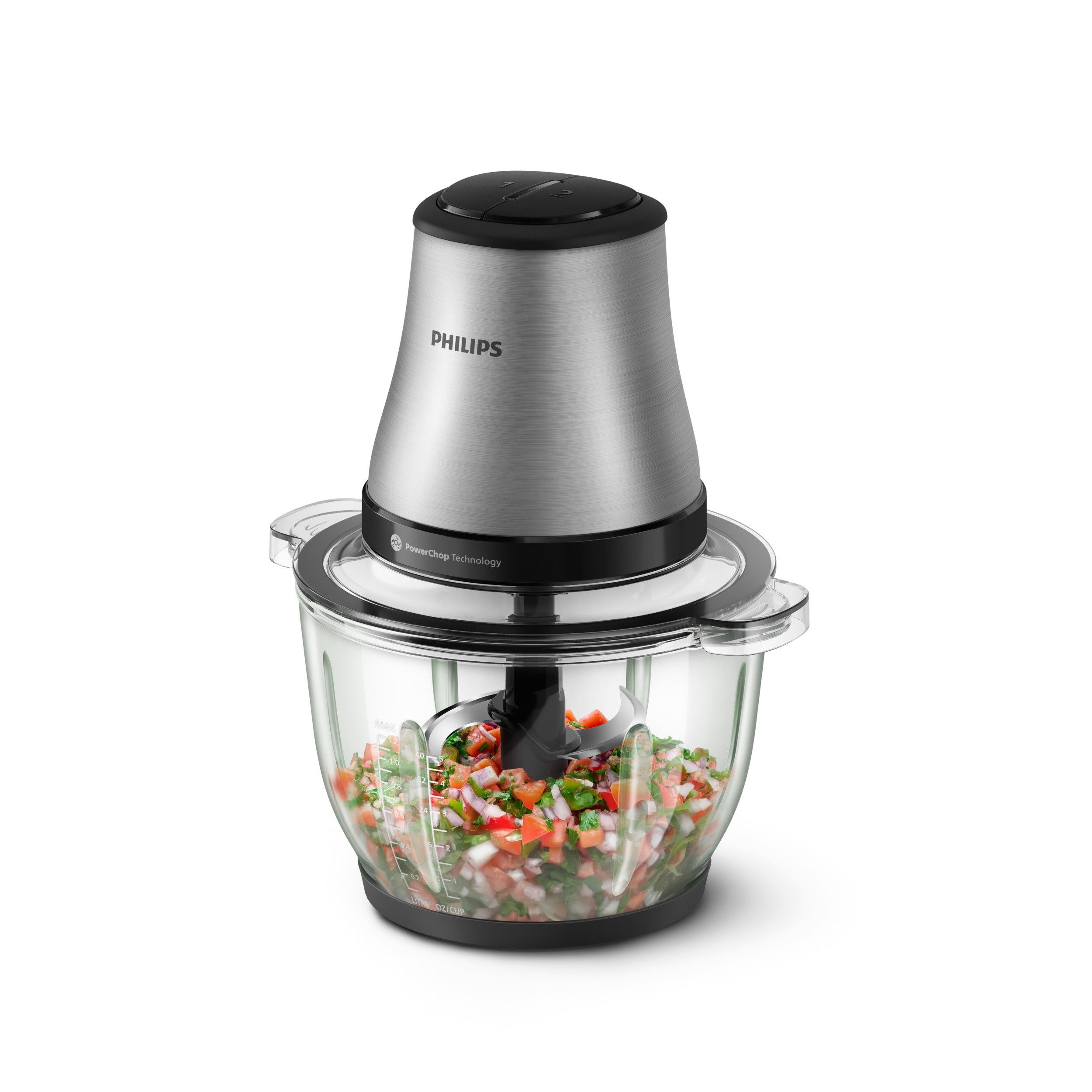 Philips Zerkleinerer HR1503/00 3000 Series mit PowerChop Technologie, 450 W, 2L Glassschüssel, Edelstahl