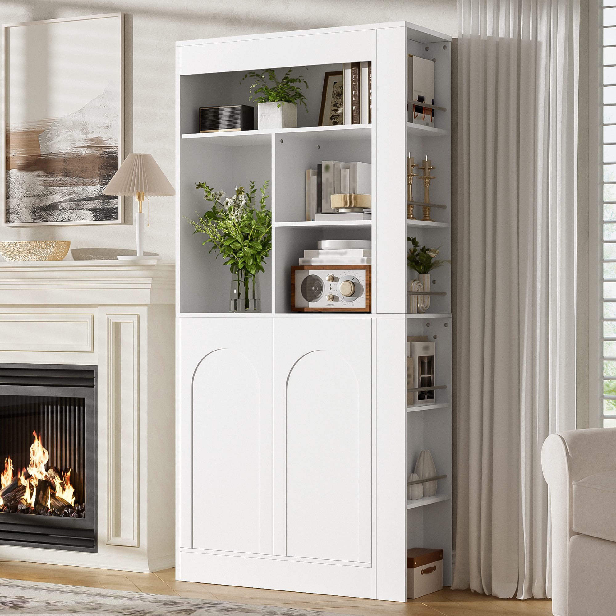 Flieks Bücherregal Hochschrank mit 2 Türen, offenem Regal und seitlichen Ablagefächern, 85×35×180 cm 1-tlg., multifunktionaler Mehrzweckschrank Aufbewahrungsschrank Weiß
