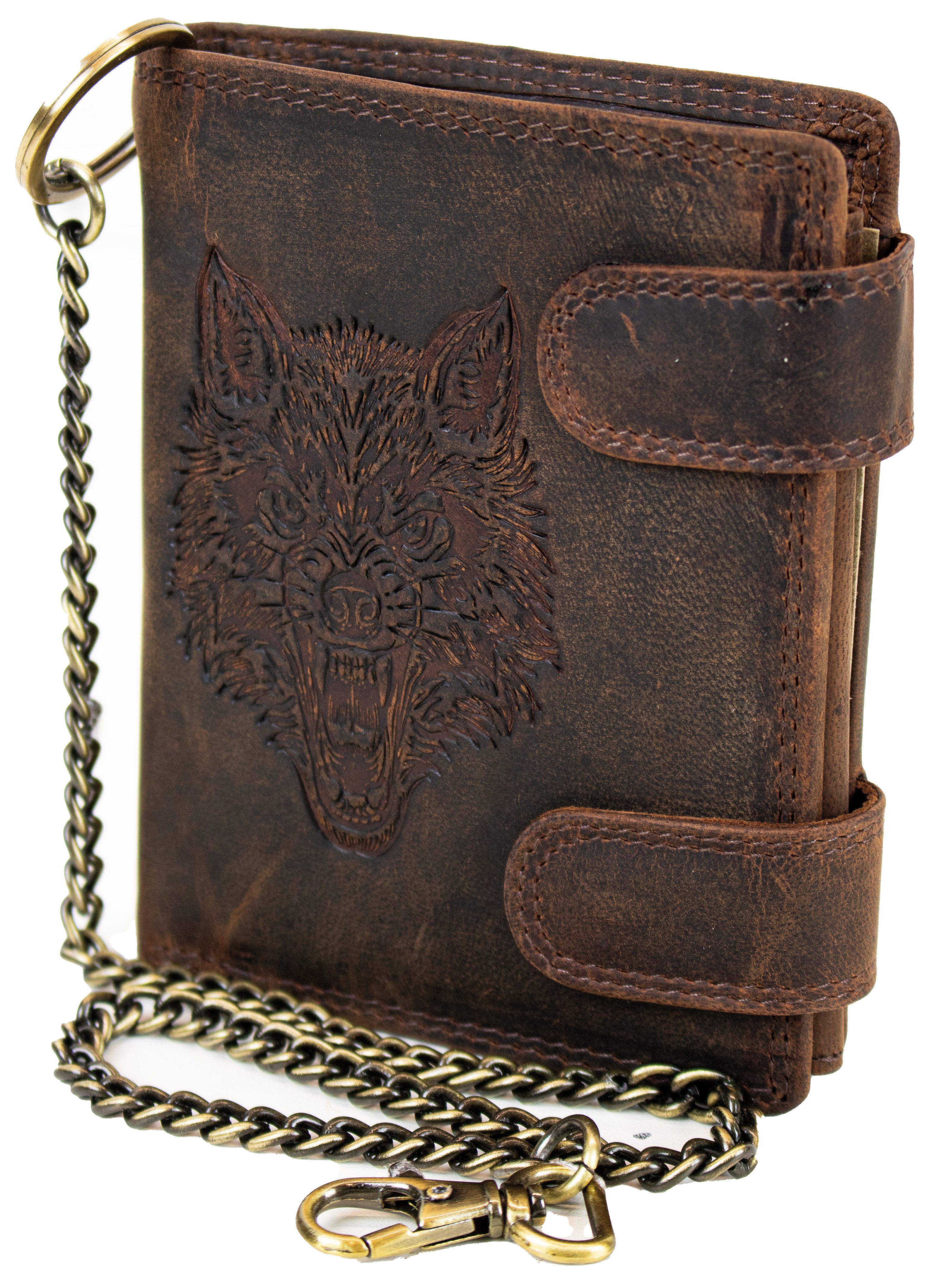 MDM Geldbörse Leder Geldbörse Kette, Wolf-Prägung RFID Schutz, Vintage Portemonnaie, Vintage-Design, 100 % Rindsleder