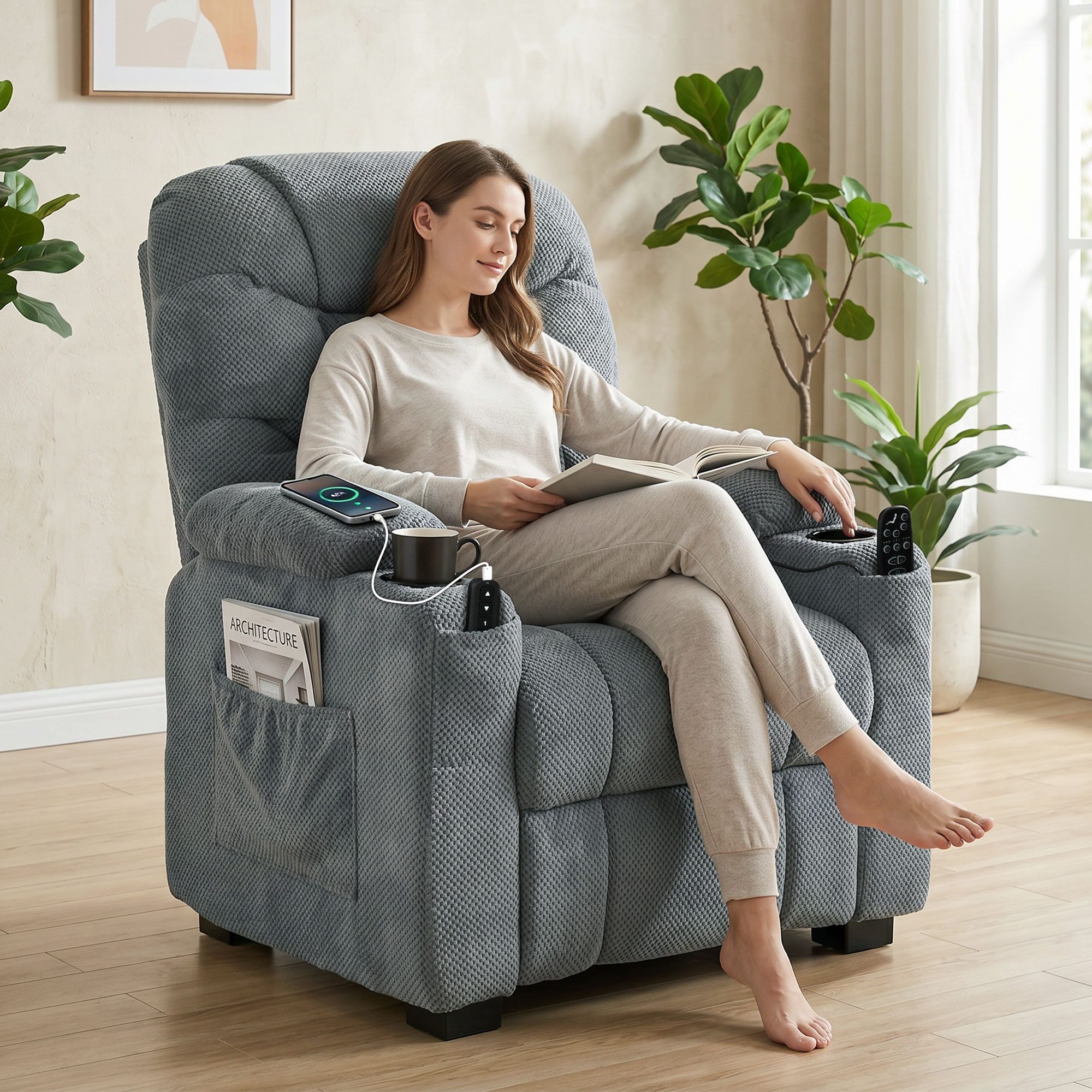 HOMCOM Massagesessel Relaxsessel Fernsehsessel mit Massage & Wärme (TV Sessel, 1-St., 1), mit Fernbedienung, USB-Anschluss, Becherhalter