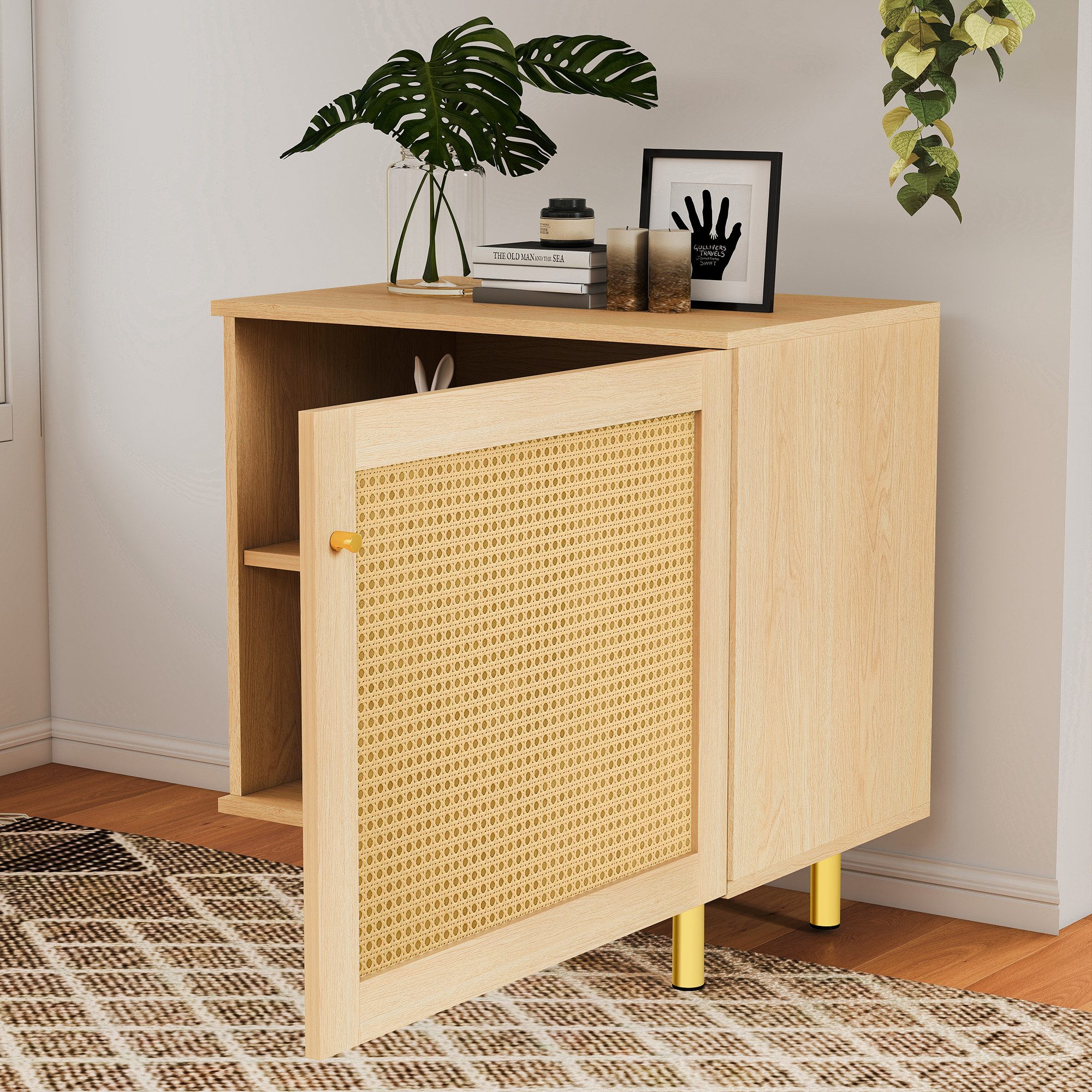 REDOM Sideboard Ein Türiger Aufbewahrungsschrank aus Korbgeflecht –Rustikales Anrichte (Küchenschrank, H63/B60/T40 cm)