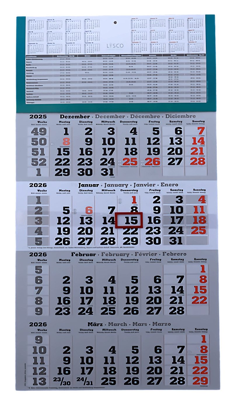 LYSCO Wandkalender Viermonatskalender 2026 4 Monatskalender Wandkalender, werbefrei, Feiertage und Ferien-dreisprachig-ENG,DE,AT, ES - Lieferung plano