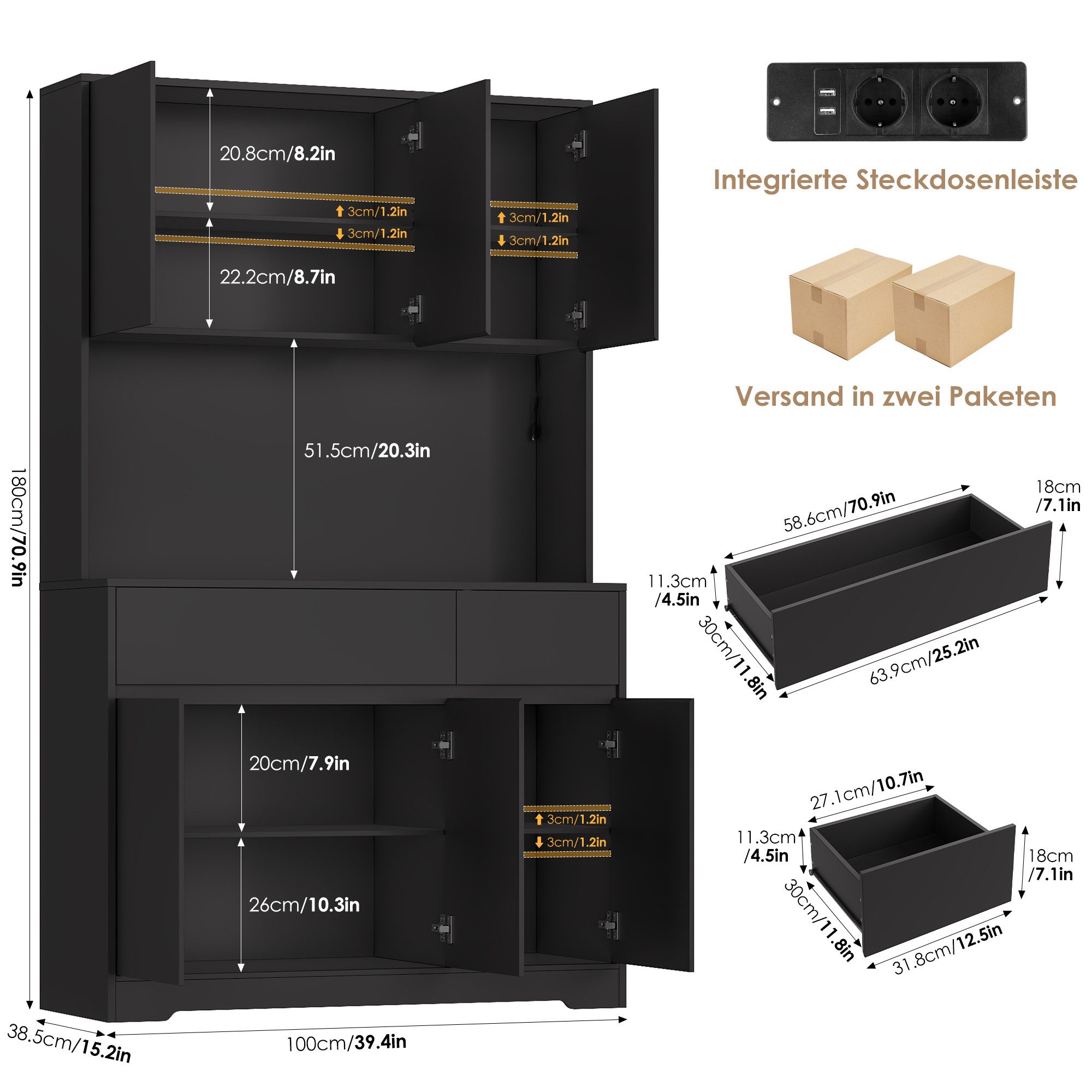 Homfa Küchenbuffet Küchenschrank mit LED Buffetschrank mit Steckdosen Hochschrank mit Arbeitsplatte, 6 Türen und Schubladen