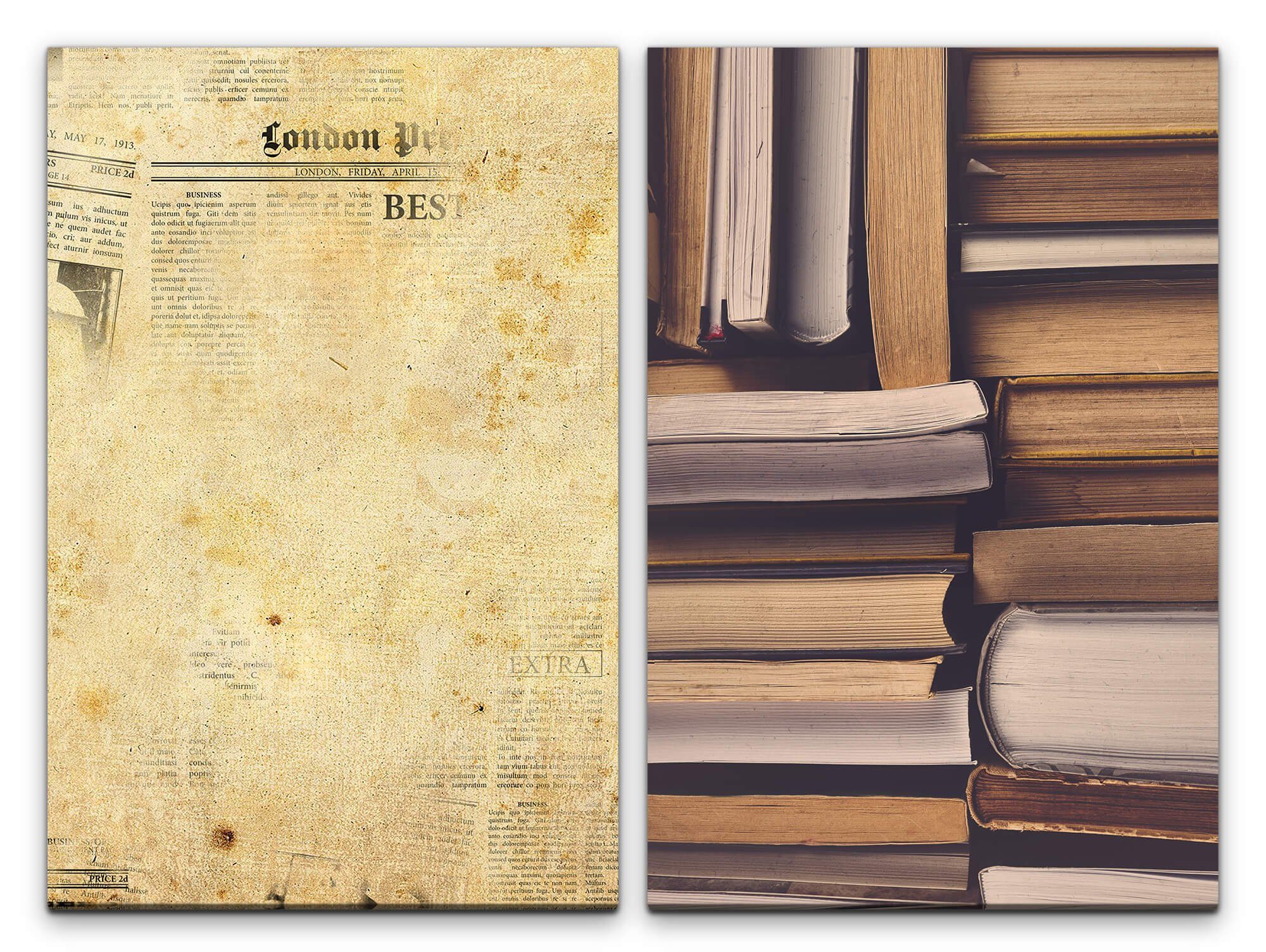 Sinus Art Leinwandbild 2 Bilder je 60x90cm Alte Zeitung Bücherstapel Bücher Lesen Leseraum Bibliothek Vintage