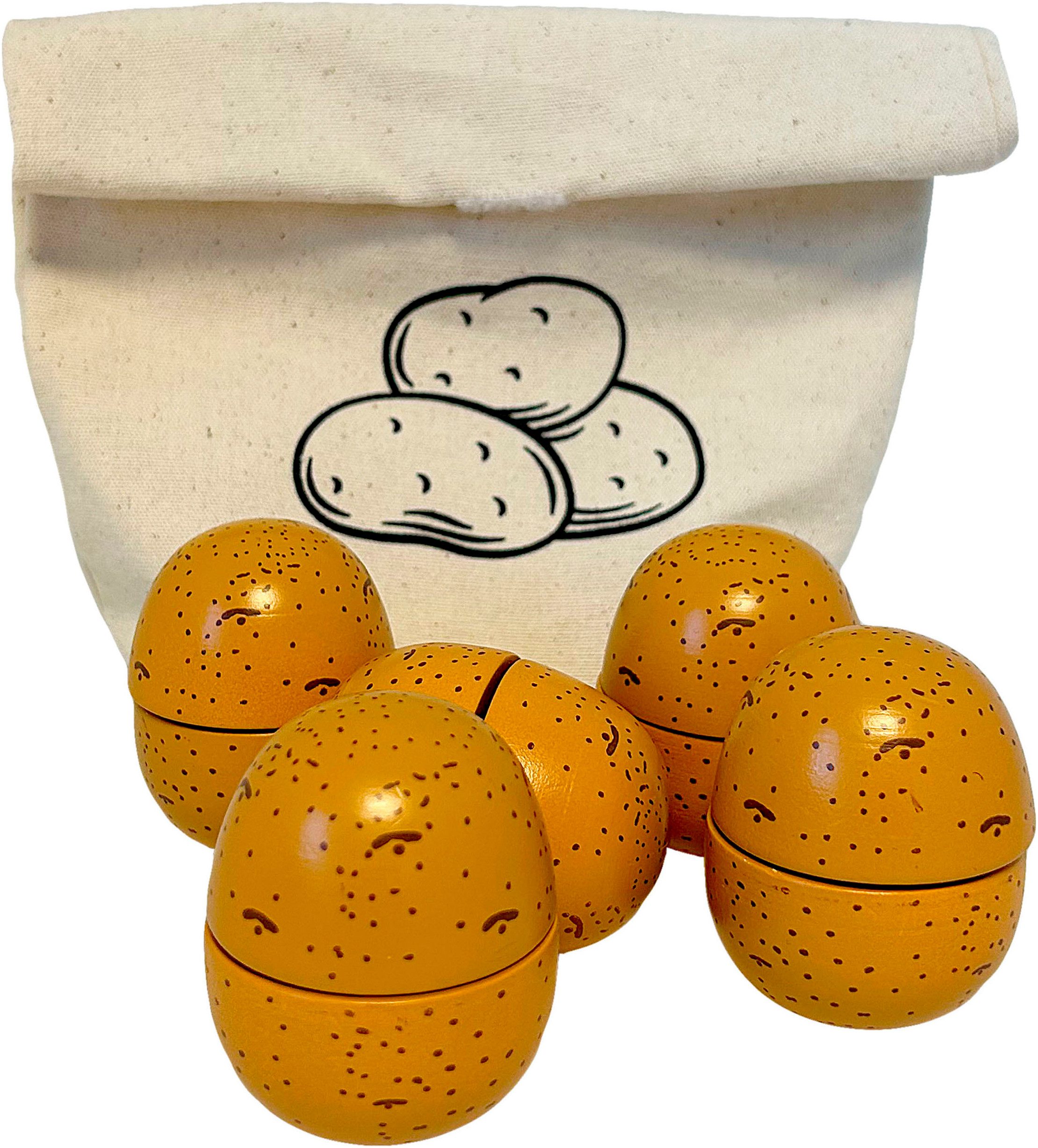 Tanner Spiellebensmittel Holzkartoffeln zum Schneiden im schönen Baumwollsäckchen, FSC® - schützt Wald
