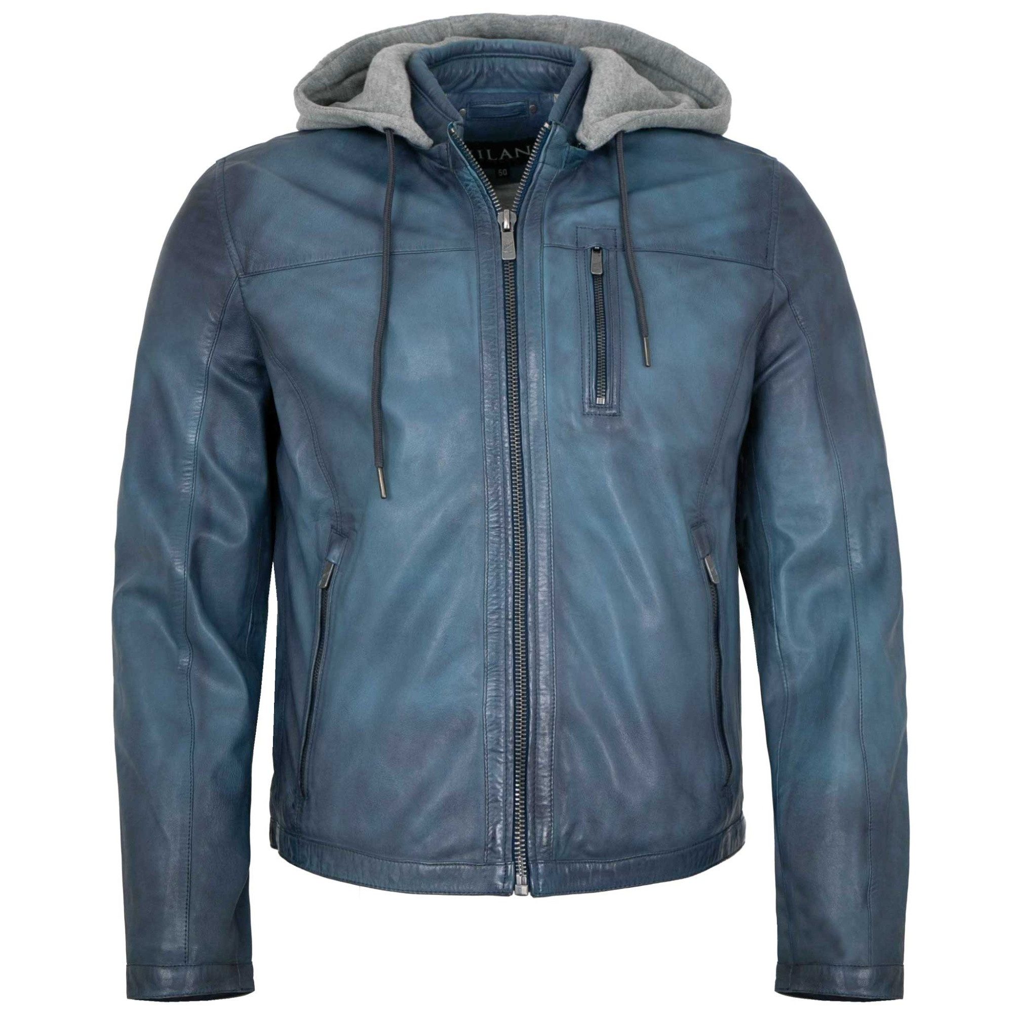 Jilani Lederjacke Cody Jilani - Herren Lederjacke Kapuze Lammnappa blau