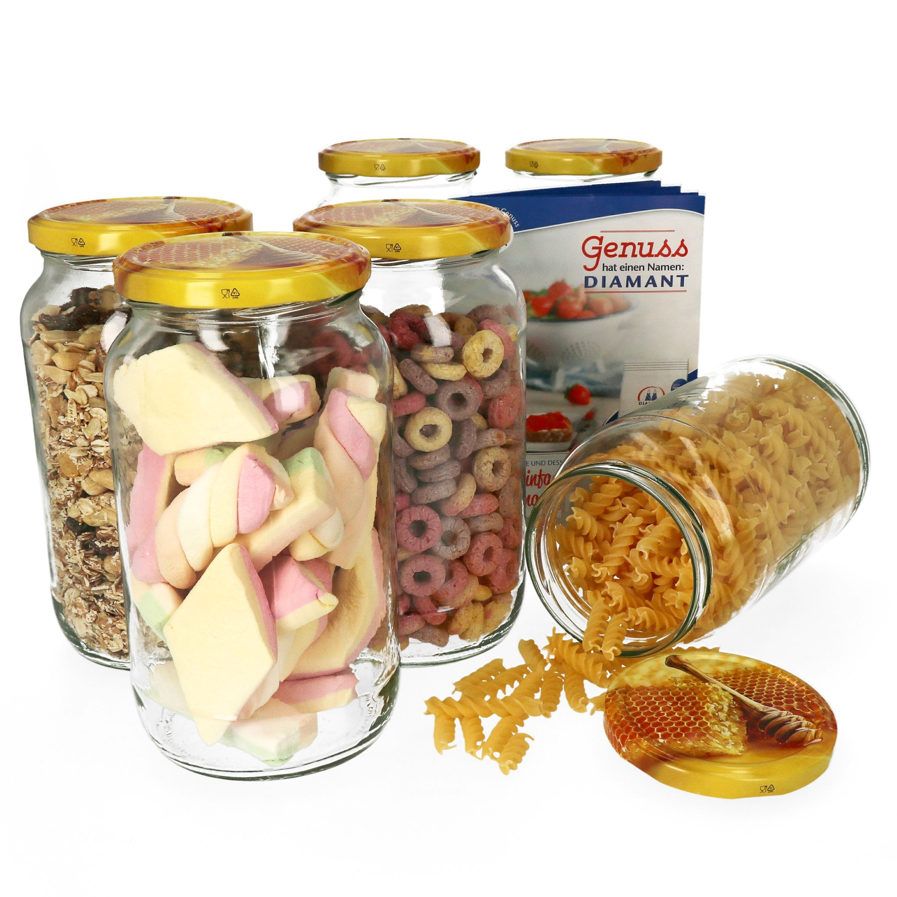 MamboCat Einmachglas 6er Set Rundglas 1062 ml Carino To 82 Deckel mit Honigwabe Rezeptheft, Glas