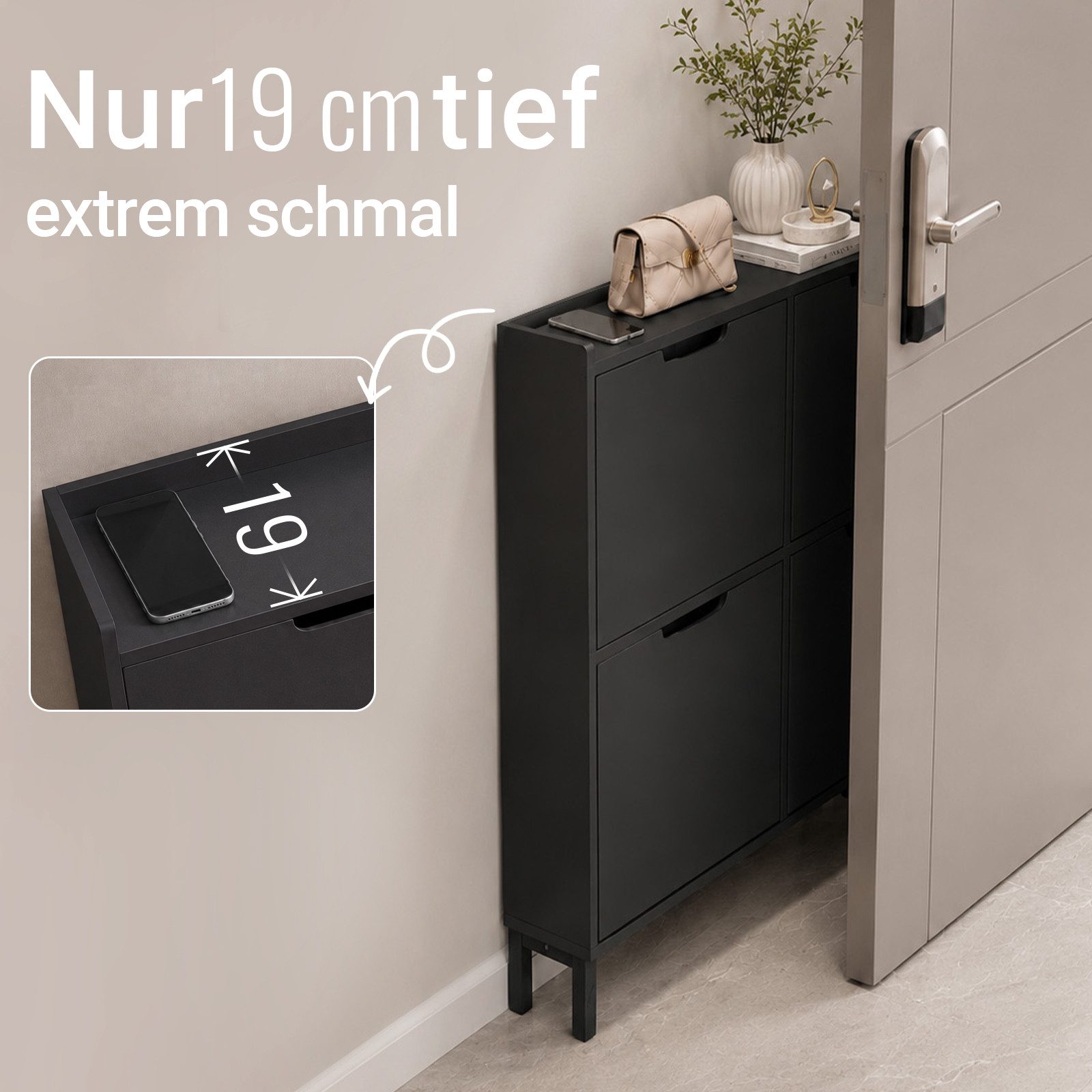 SoBuy Schuhkipper FSR100, Schuhschrank schmal mit 4 Klappen, Flurschrank Schuhregal, Schuhkipper schmal, nur 19 cm tief, für Kleine Wohnungen, Enge Flure