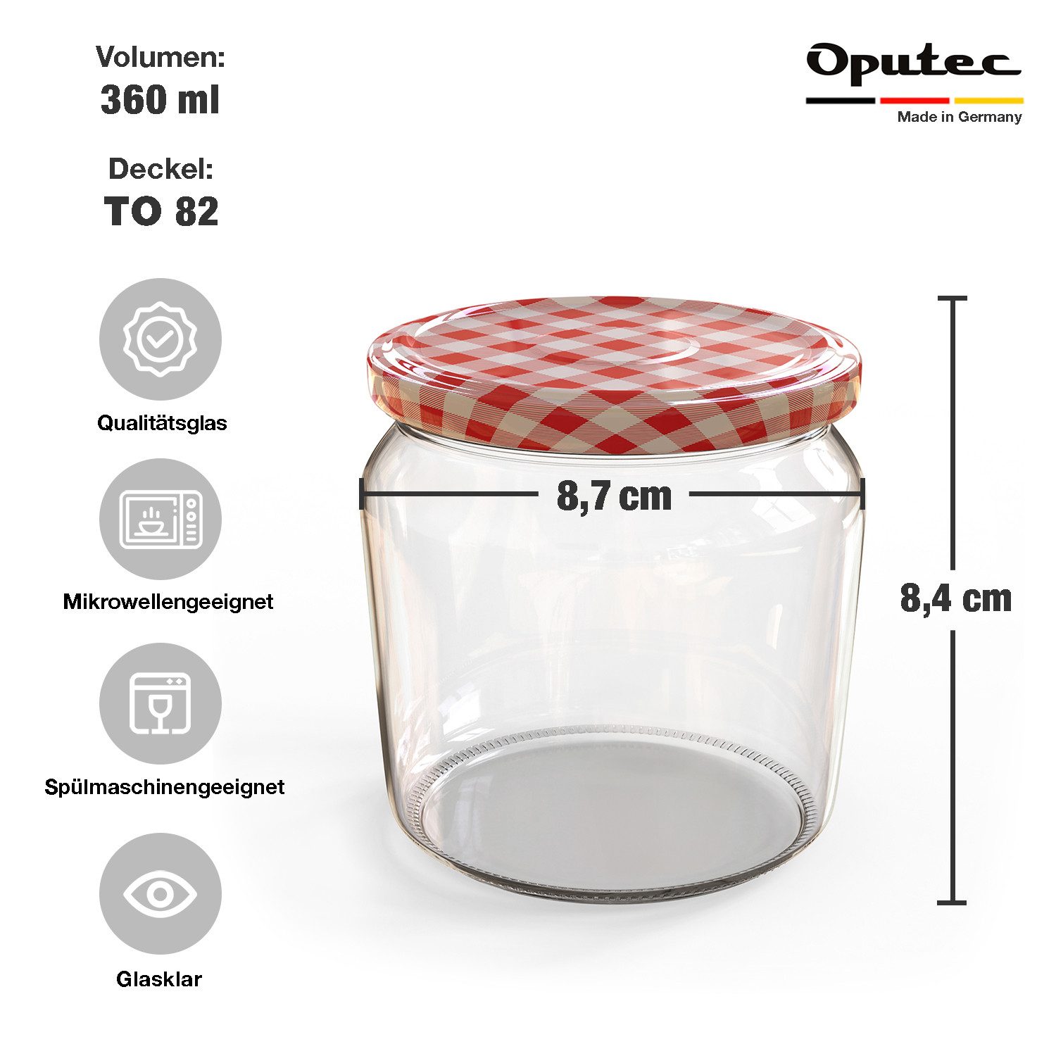 Oputec Einmachglas 24x 360 ml Einmachgläser mit Schraubdeckel TO 82 rot Marmeladengläser, Glas / Metall