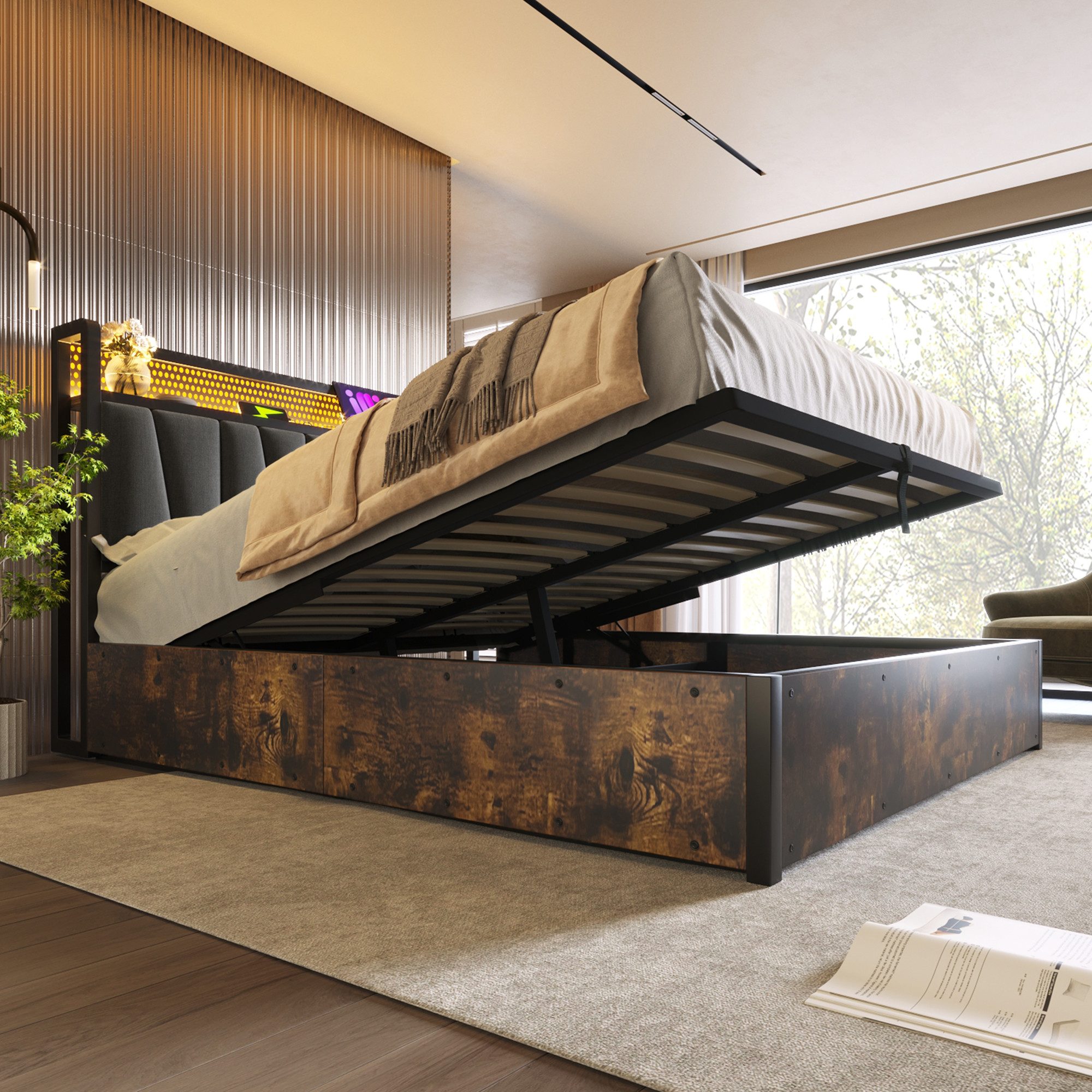 Flieks Polsterbett, LED Metallbett Holzbett mit Ladefunktion und Stauraum 1 günstig online kaufen