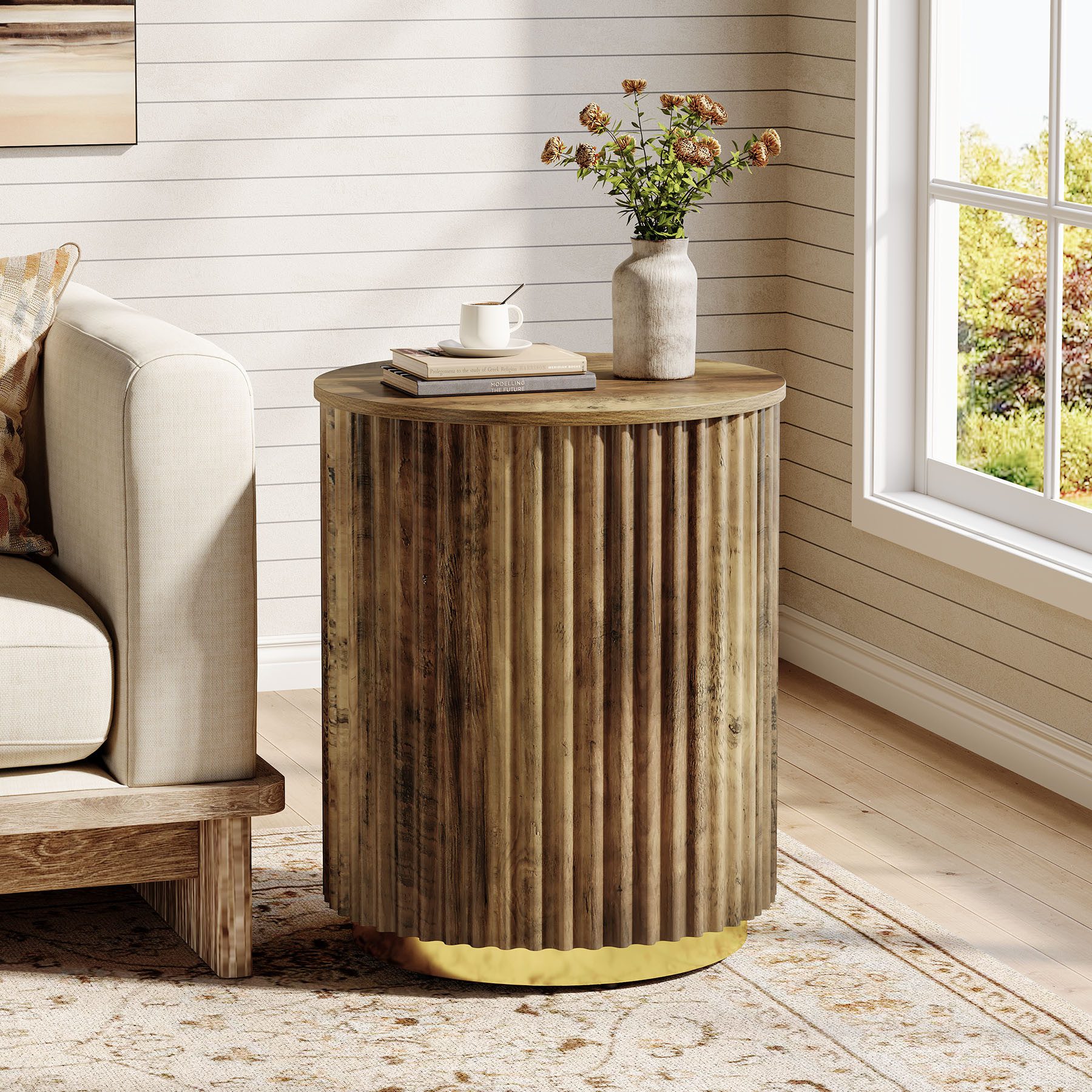 Tribesigns Beistelltisch 50cm Geriffelter Runder Couchtisch,Nachttisch im Landhausstil aus Holz