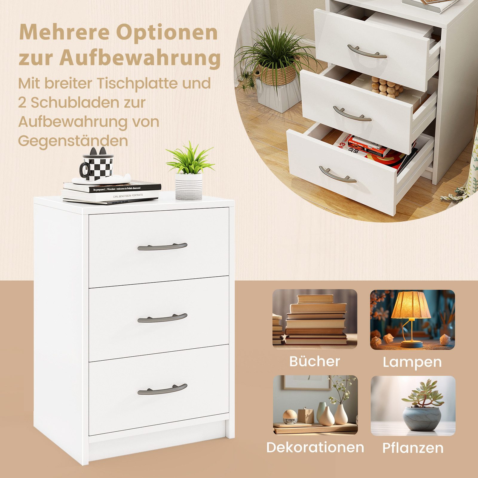 COSTWAY Nachttisch (1-St), Beistelltisch, Nachtschrank, mit 3 Schubladen, 38,5x28x54cm