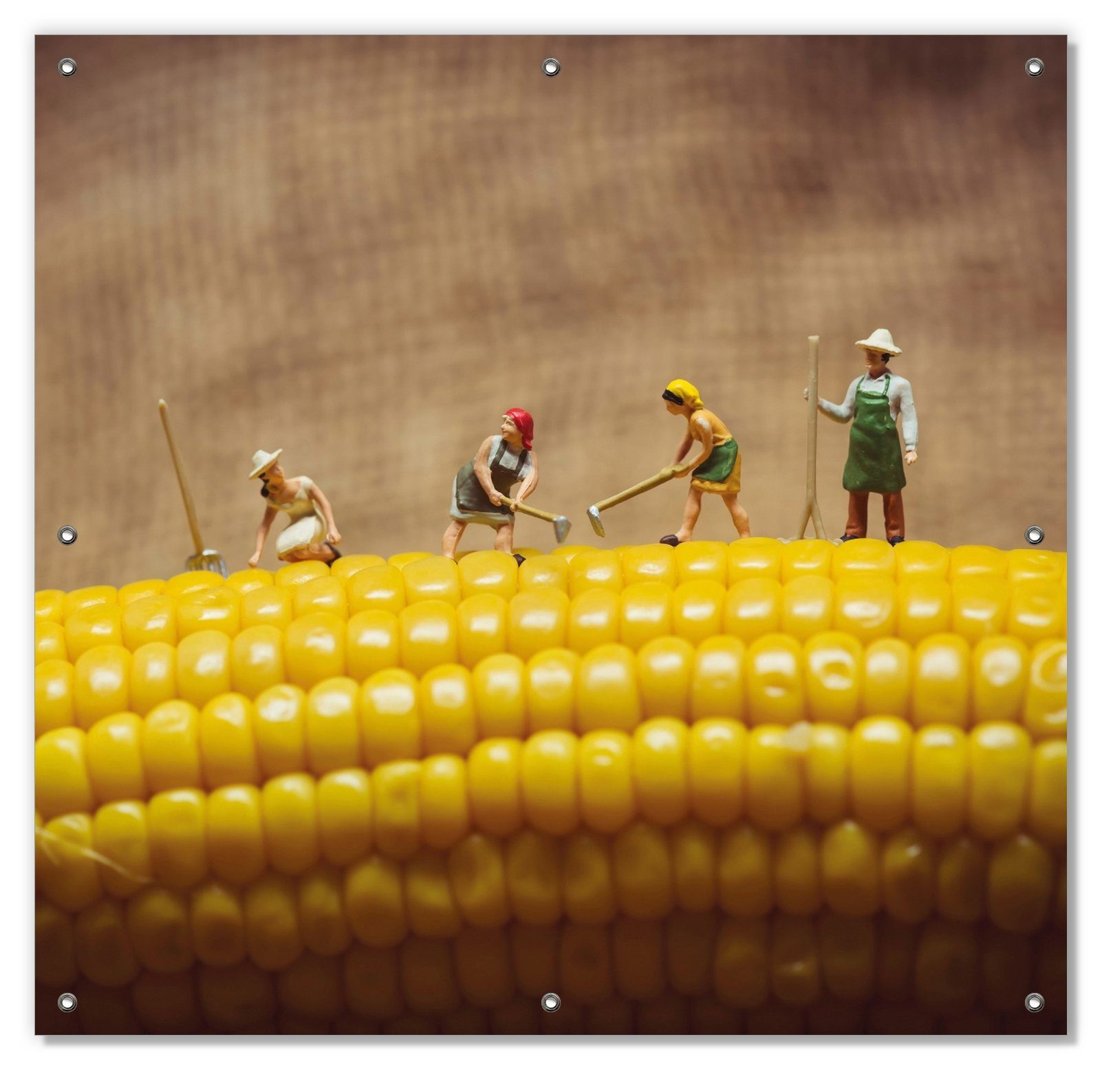 Sonnenschutz Lustige Bauernfiguren auf einem Maiskolben beim Arbeiten, Wallario, blickdicht, mit Saugnäpfen, wiederablösbar und wiederverwendbar