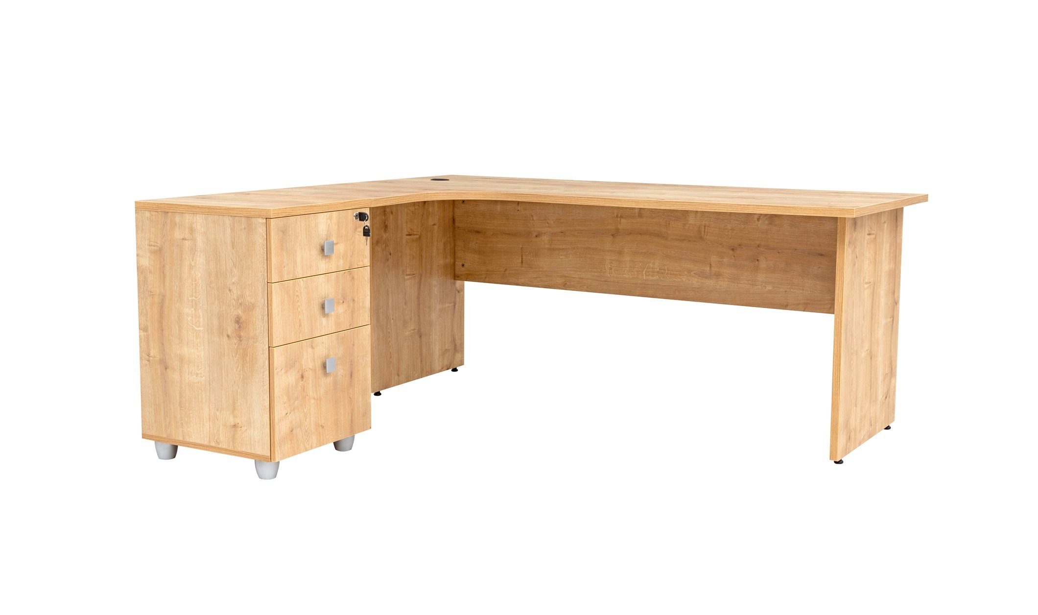 Furni24 Schreibtisch Winkelschreibtisch Dona,Holzfuss,Eiche,180 cm, inkl. Beistellcontainer