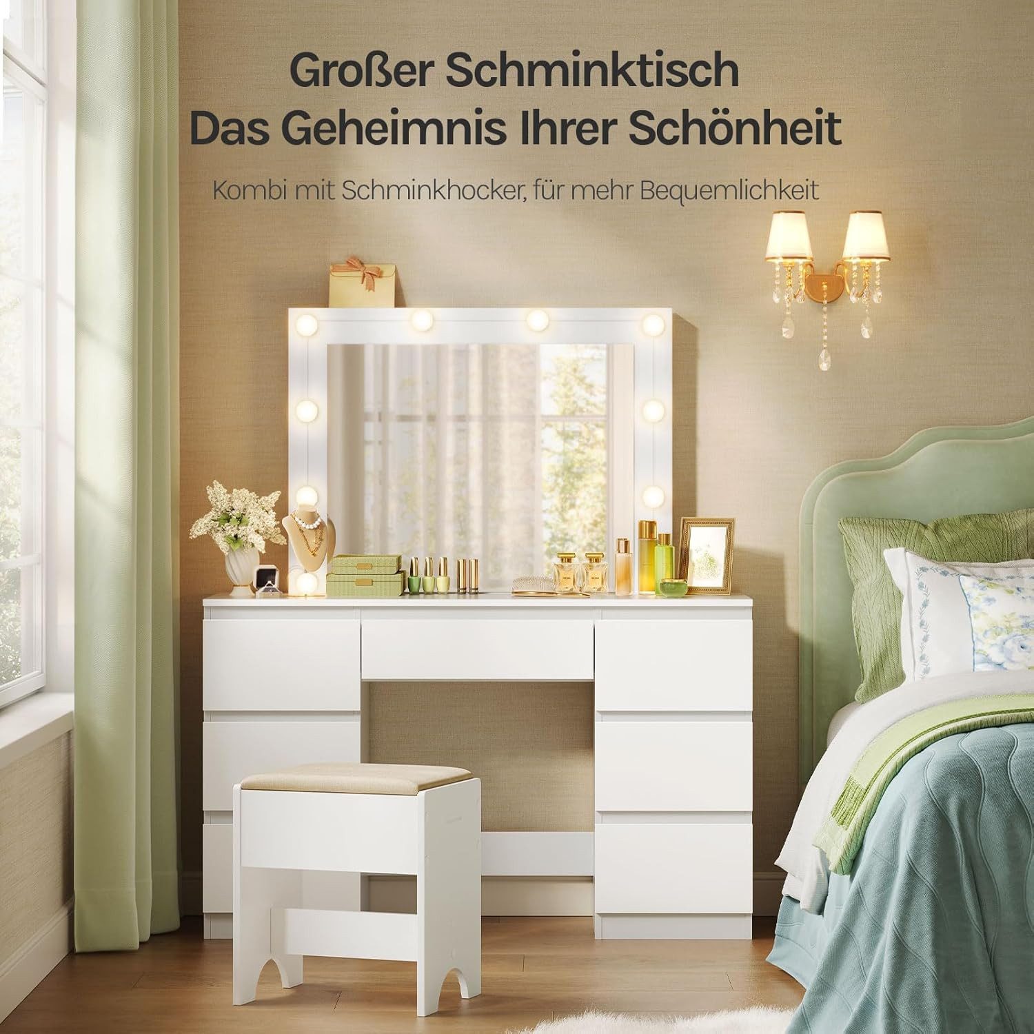 Woltu Schminktisch (1-St), mit Spiegel und LED-Beleuchtung, 7 Schubladen