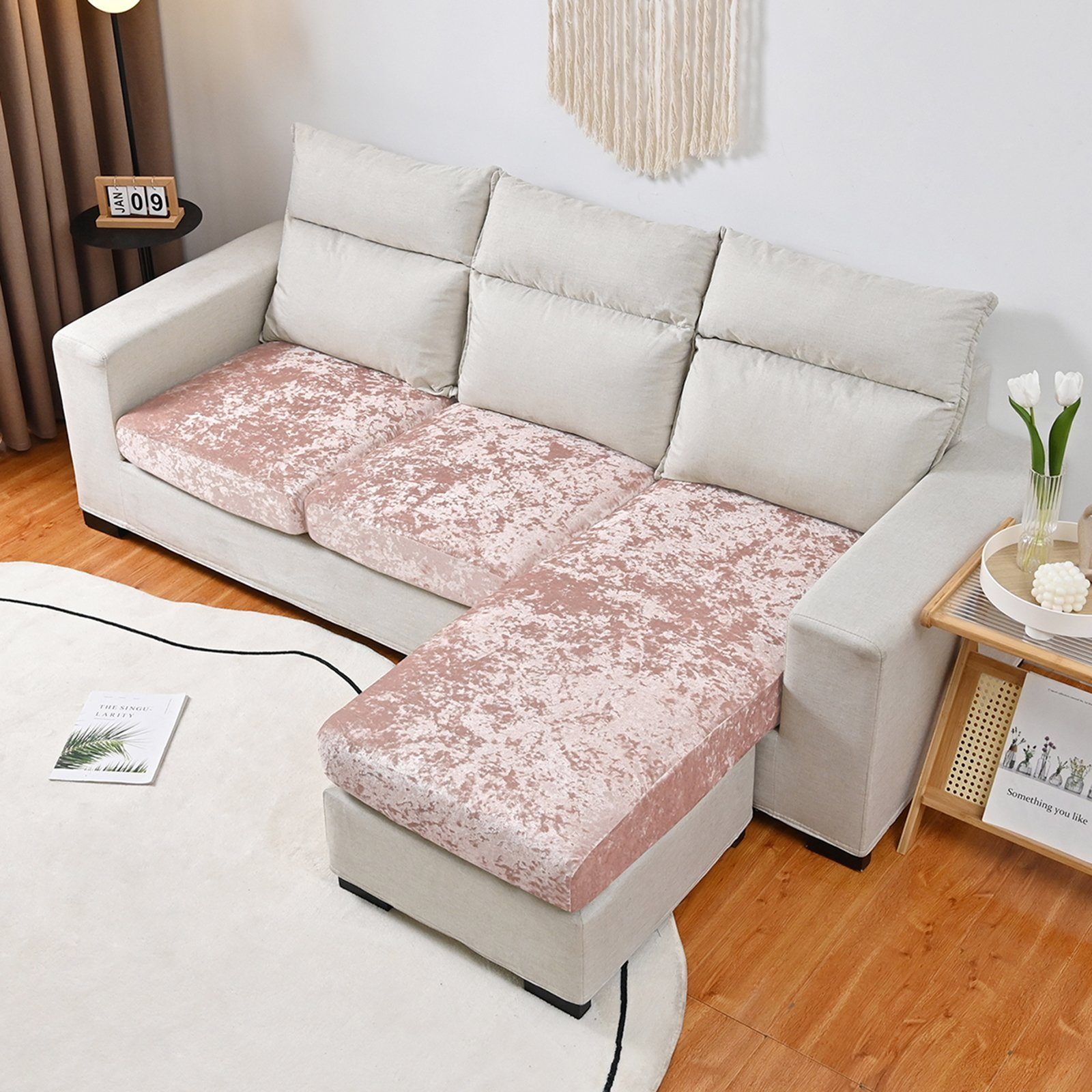 Sofahusse Samt-Sitzkissenbezug für 1-, 2-, 3-, 4-Sitzer, 8 Farben, BTTO, Elastic Stretch Sofasitzbezug mit Elastischer Unterseite Rosa