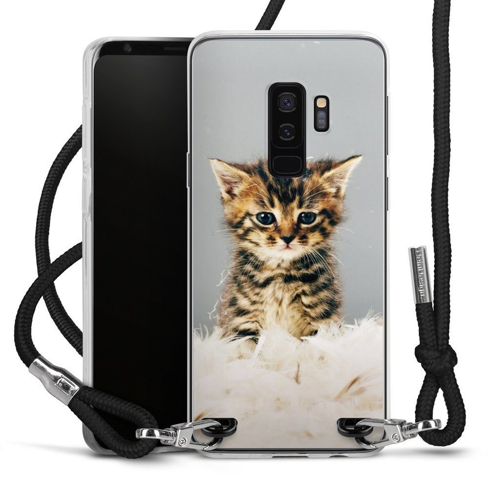 DeinDesign Handyhülle Katze Haustier Feder Kitty, Samsung Galaxy S9 Plus  Duos Handykette Hülle mit Band Cover mit Kette