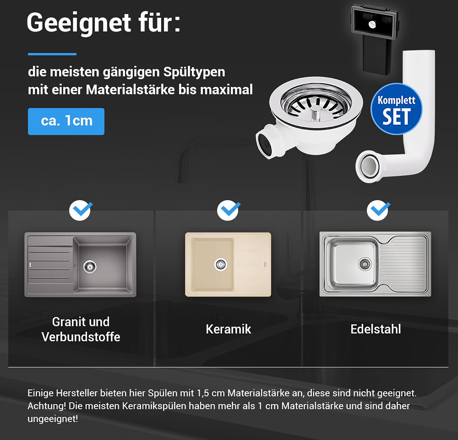 AQUADE Siebventil Excenterventil Siebkorbventil 114 mm, weiß mit Überlauf für Spüle