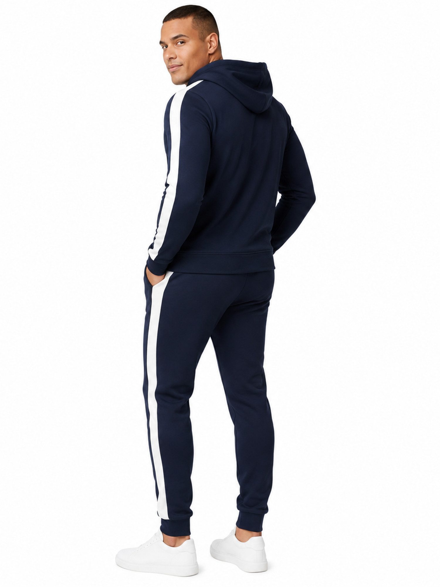 L.gonline Freizeitanzug Herren Jogginganzug zweifarbig sportlich mit Streifen, 526 (Kapuzenjacke mit Reißverschluss, Hose, 2-tlg), Fitness Freizeit Casual