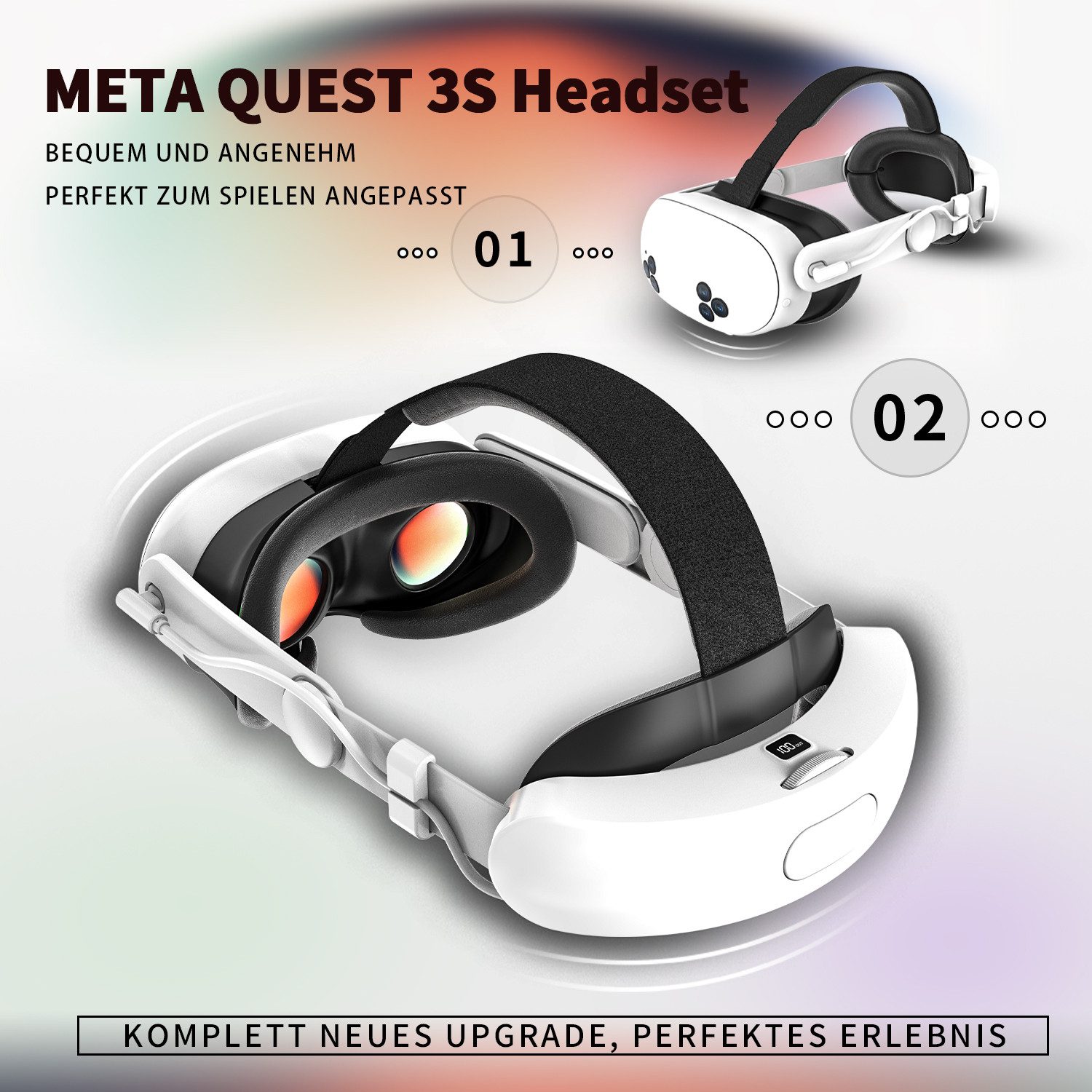 Tekoo VR Brillen-Halterung VR Headset Kopfband mit Akku 8000 mAh für Quest 3/3S, (Packung, 3-teiliges Set mit Kopfband, USB-C-Ladekabel und Anleitung, 8000 mAh Akku, 18W, USB-C, LED-Anzeige, verstellbar)