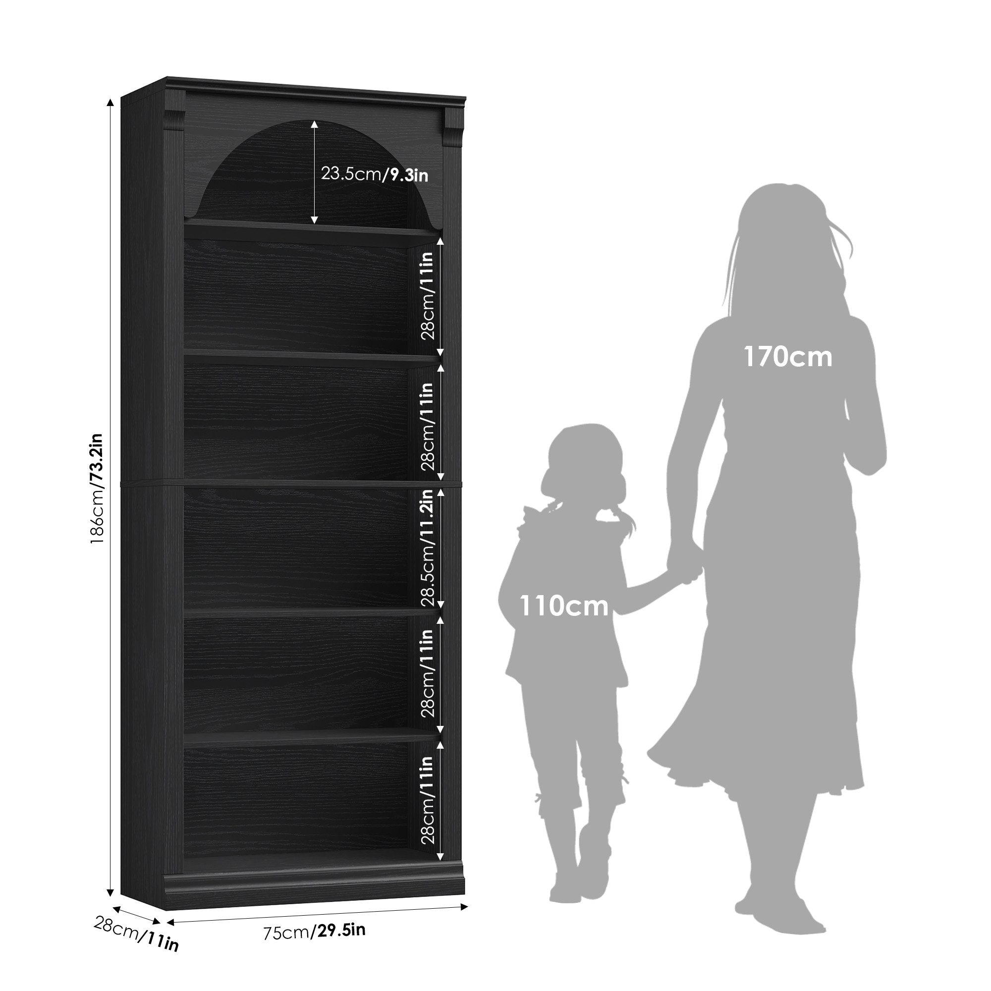 Homfa Bücherregal gewölbtes Bücherschrank, Standregal mit 6 Fächern 75x28x186cm Schwarz