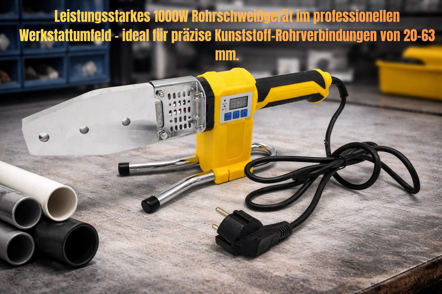 BAOSHISHAN Elektroschweißgerät, 1000W, Heizaufsätze 20–63 mm, Ständer, Werkzeug, Metallkoffer, 1000W Leistung, 220V Betrieb, Digitalanzeige, 20–63 mm, Metallkoffer