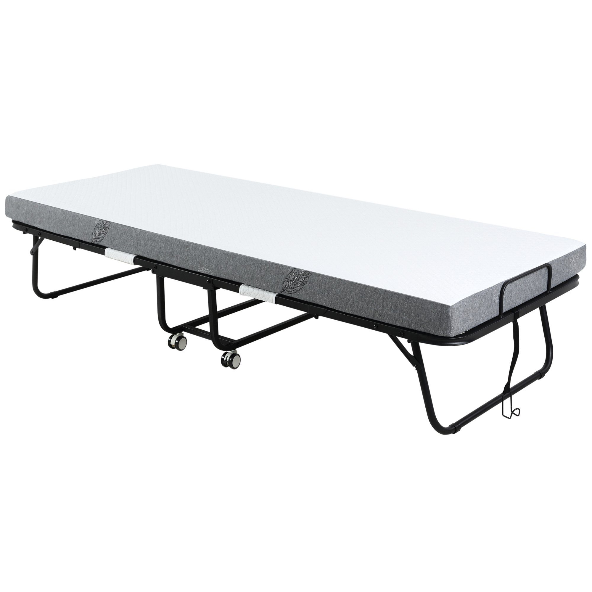 HOMCOM Gästebett Klappbett mit Rollen (Stahl+Schaumstoff, 1-St., Weiß+Schwarz) 200 x 80 x 42,5 cm