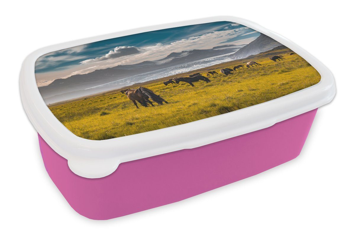 MuchoWow Lunchbox Island - Berge - Pferde, Kunststoff, (2-tlg), Brotbox für Erwachsene, Brotdose Kinder, Snackbox, Mädchen, Kunststoff rosa