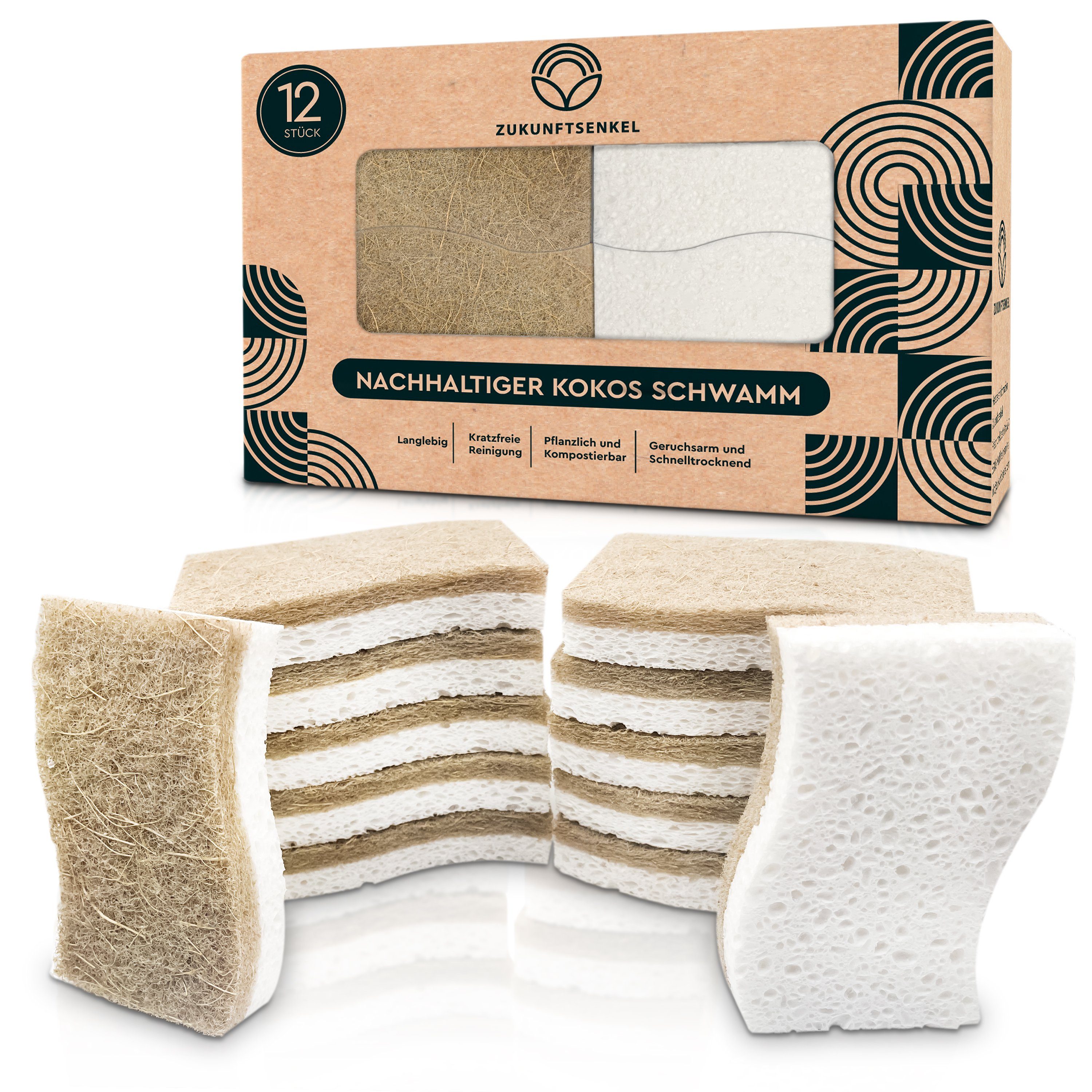 ZUKUNFTSENKEL Geschirrschwamm Эко-товарer Spülschwamm Küchen Schwamm 100% Biologisch Abbaubar, Langlebiges 12er Pack