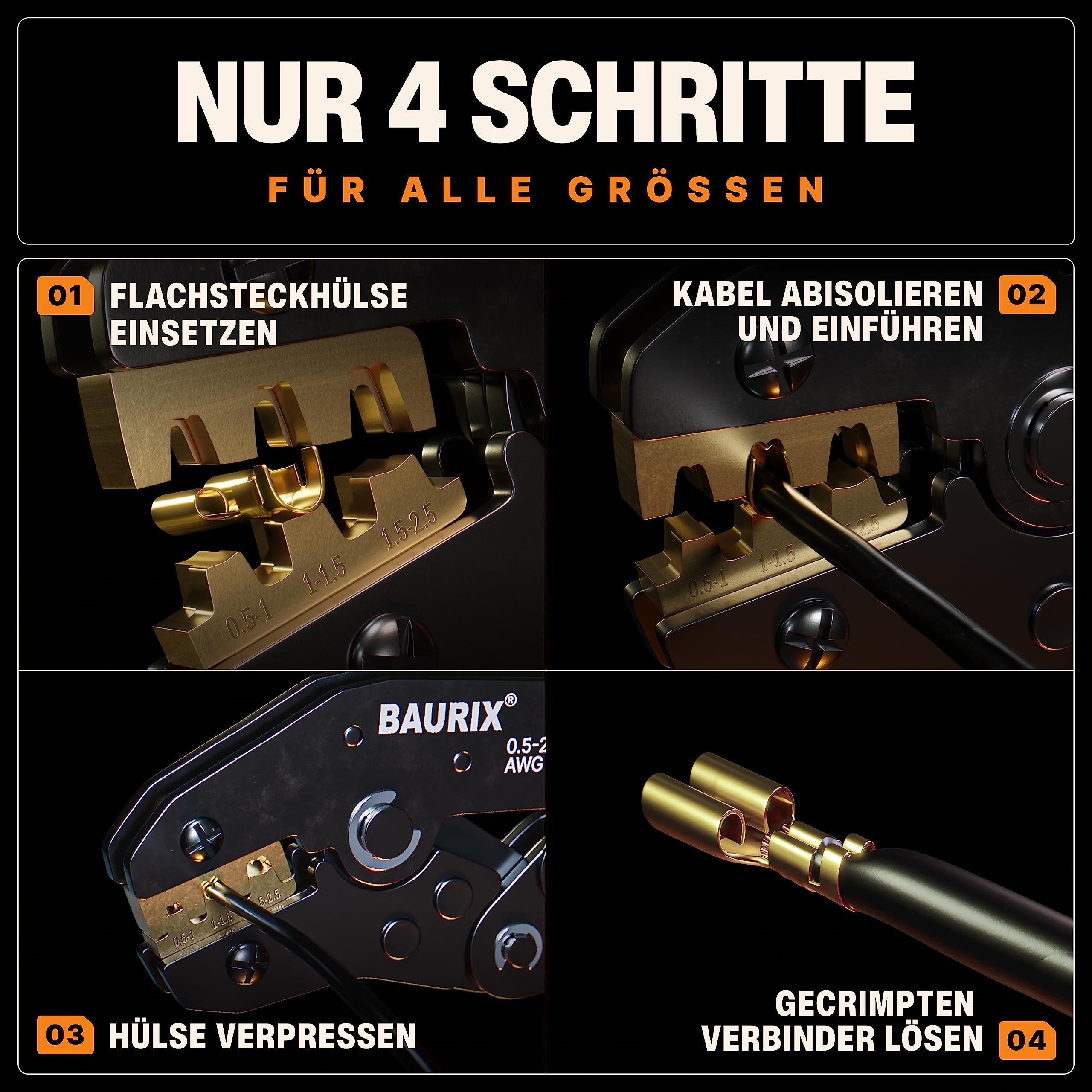 BAURIX Crimpzange inkl. 300 Stück Flachsteckhülsen Set I, Krimpzange für 0,50-2,50 mm² Steckverbinder I 300-tlg., Crimpzangen Tool, Crimp Zange, Flachsteckhülsenzange, Crimpwerkzeug