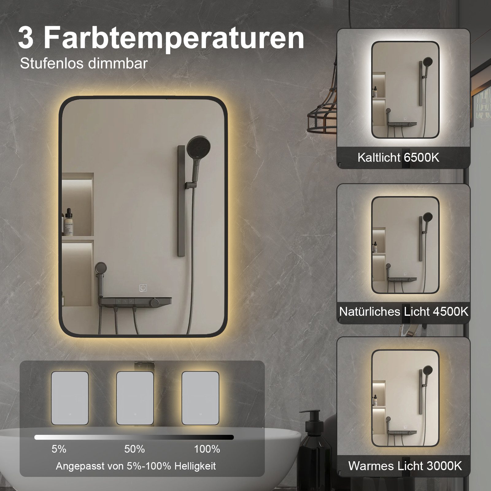radelldar Badezimmerspiegelschrank Spiegelschrank Bad mit Beleuchtung rechteckig, Wandschrank hängend (1-St) Badschrank schwarz eingelassen mit 3 Ablage – Bild 4 von 5