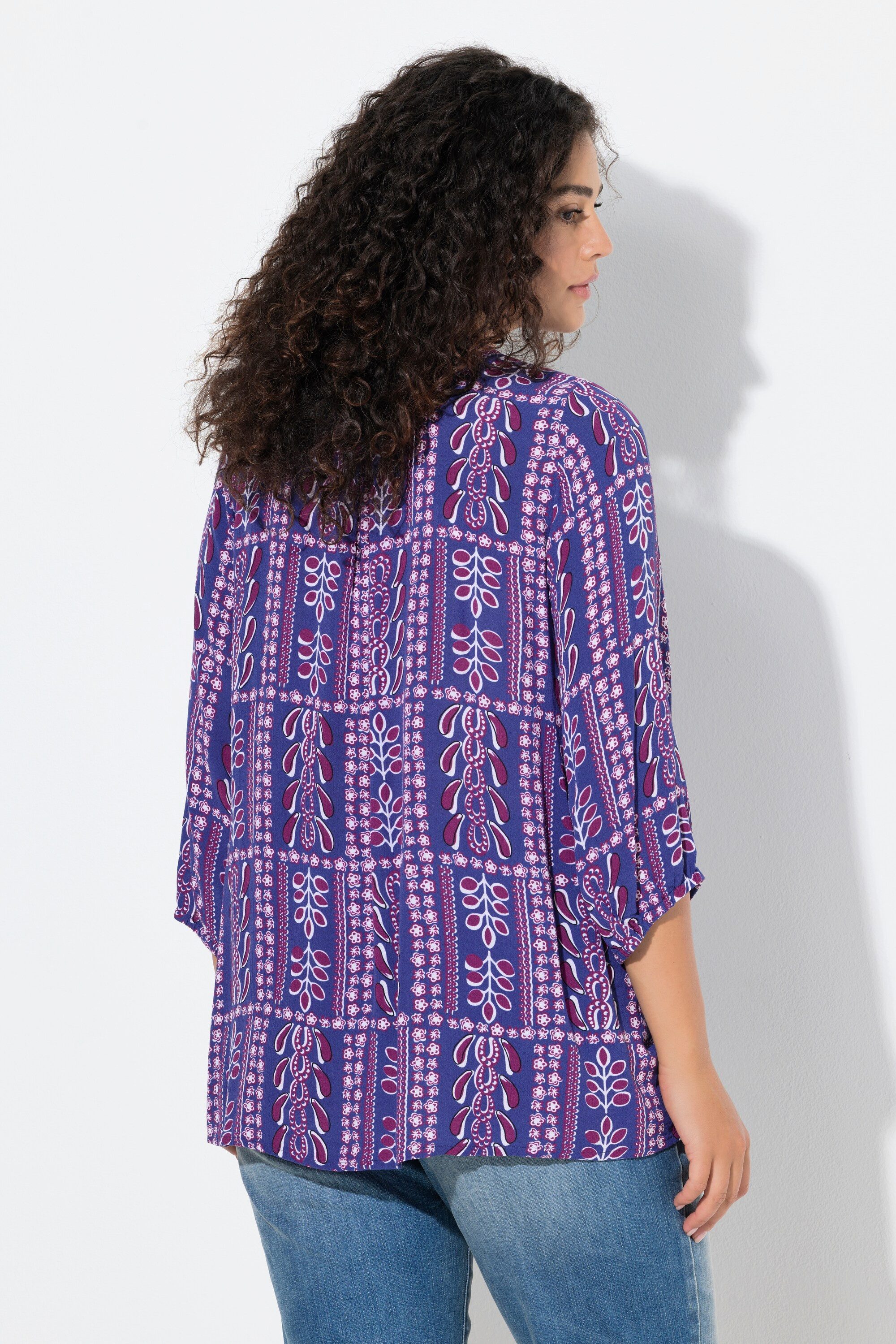 Ulla Popken Longbluse Smokbluse gemustert Rundhals 3/4-Arm Krepp