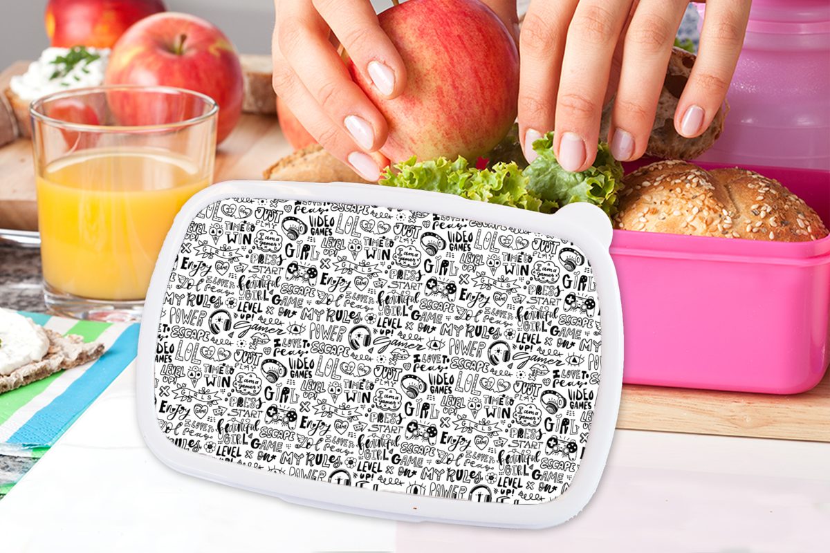 Brotbox Muster, für Kinder, Erwachsene, Snackbox, Brotdose Schwarz rosa Lunchbox Kunststoff MuchoWow - Kunststoff, (2-tlg), Mädchen, Doodle und weiß -