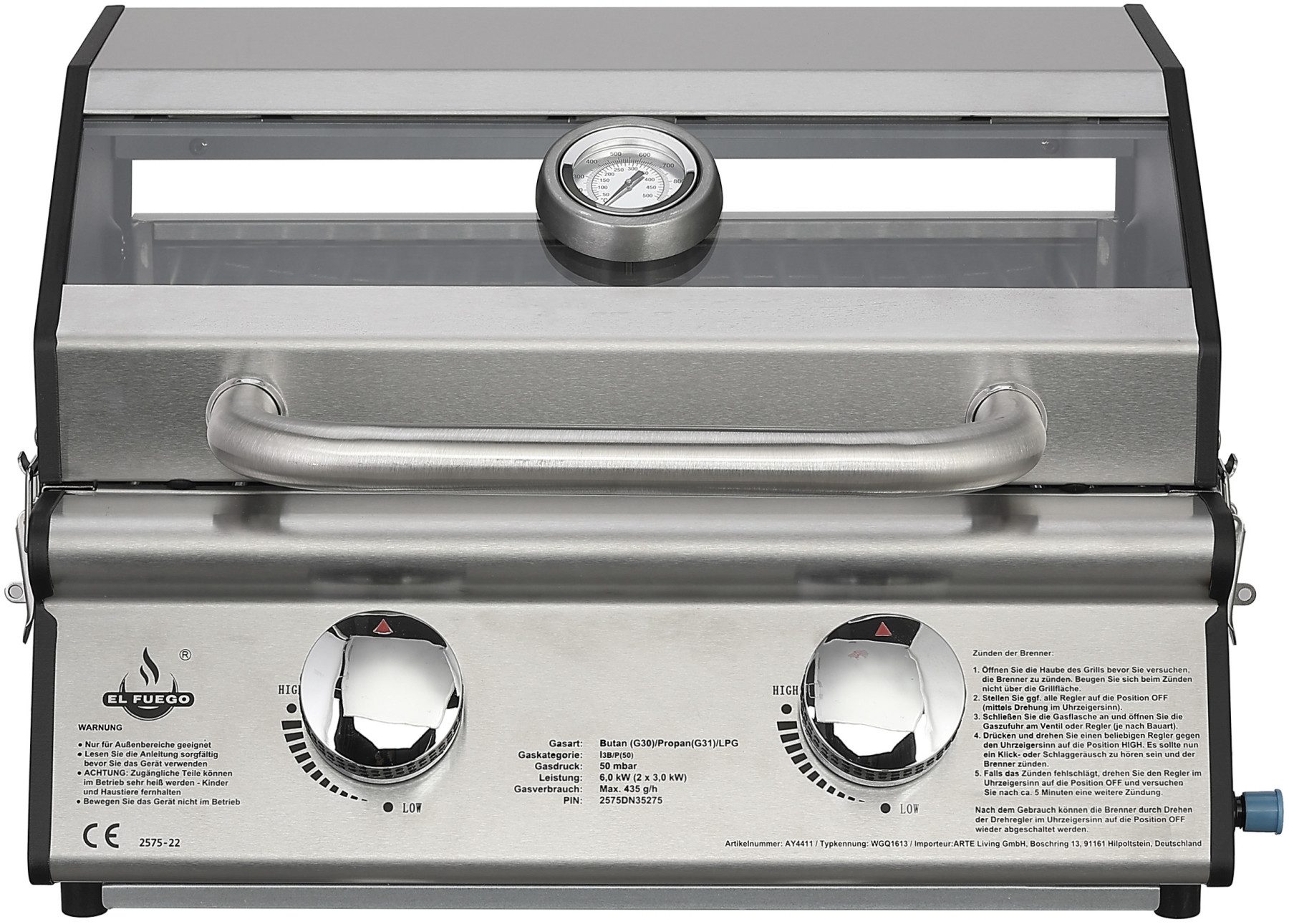 El Fuego Gasgrill Jesolo, 6 kW (2 Brenner je 3 kW), mit Piezozündung