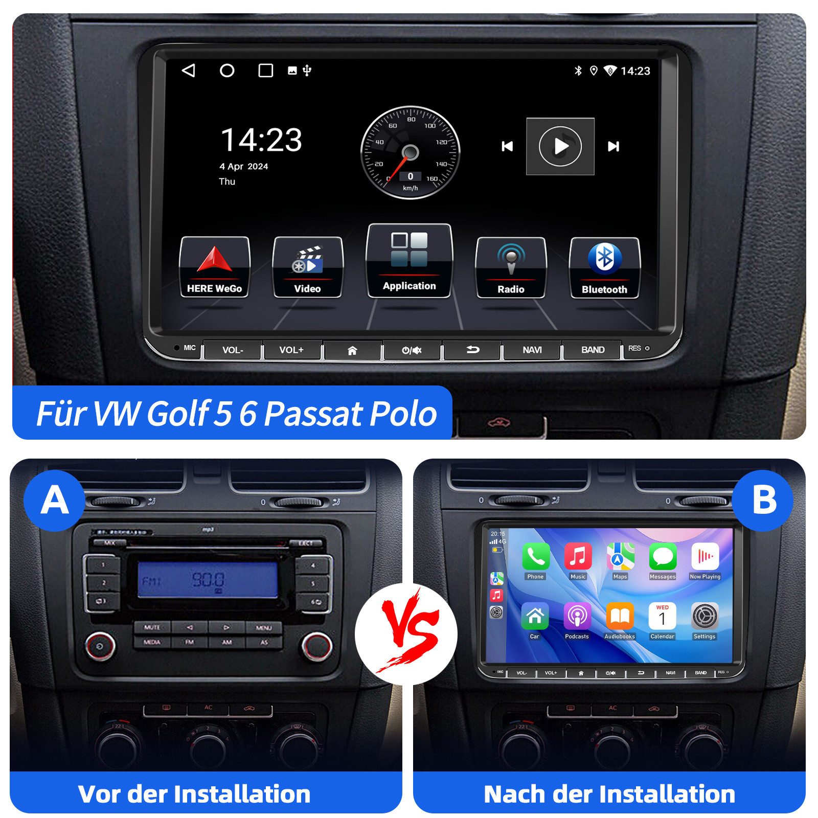 ESSGOO 9" Android 14 Carplay Für VW GOLF 5 6 Passat Caddy Touran EOS Polo 6R Autoradio (DAB+ (optional), FM, RDS, Android Auto GPS Navi WIFI FM Bluetooth RDS To – Bild 4 von 5