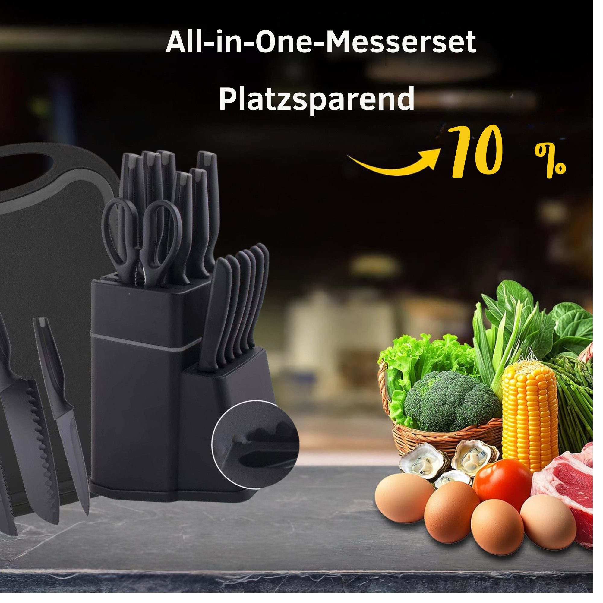 Vivitar Universalküchenmesser aus deutschem Edelstahl mit schwarzem Messerblock – Profi-Messerset, mit Kochmesser, Brotmesser, Santokumesser, Tranchiermesser